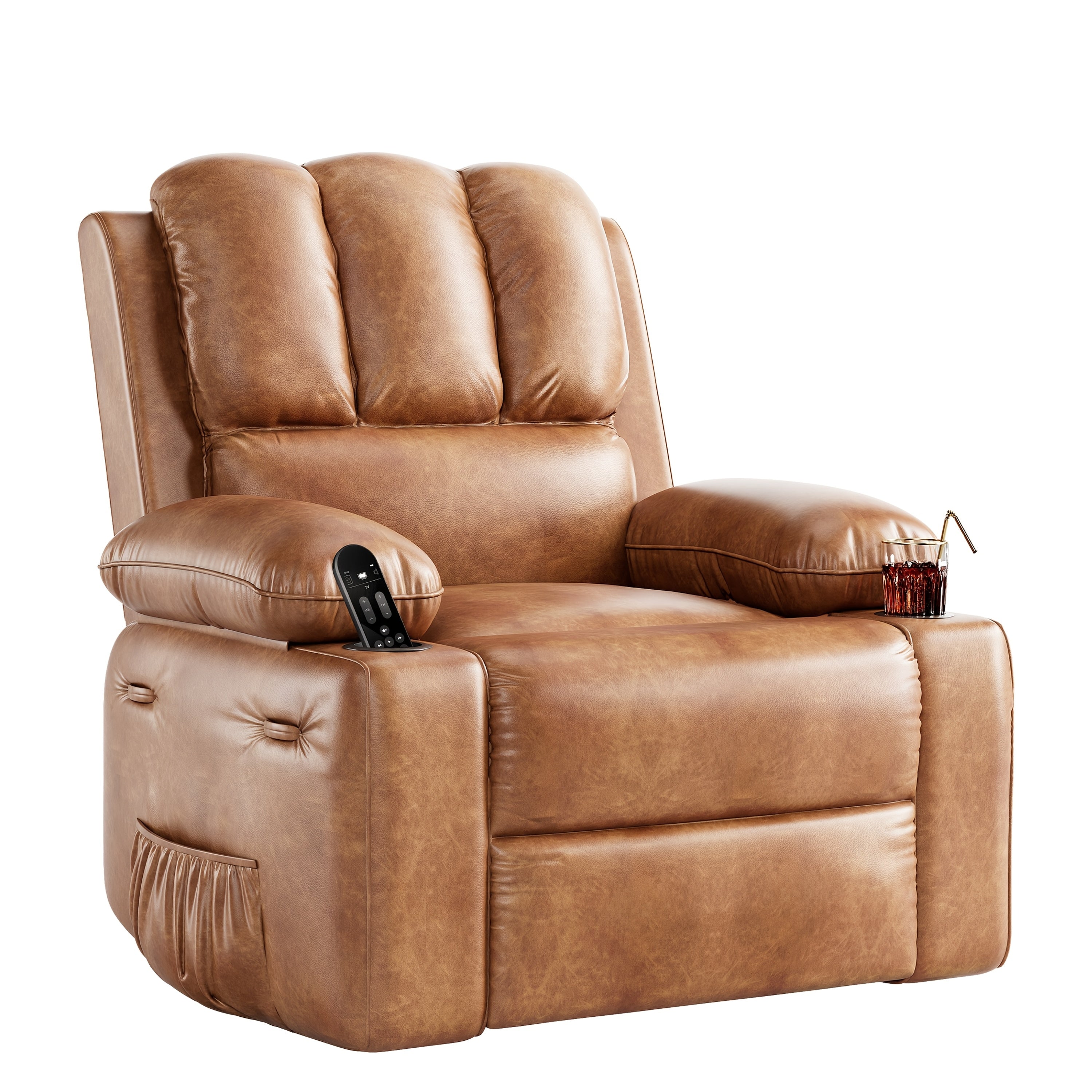 22'' Vintage Faux Leather Swivel Recliner Chair with 360° Rocking, Side Pockets & Cup Holders - Perfect for Living Room Comfort