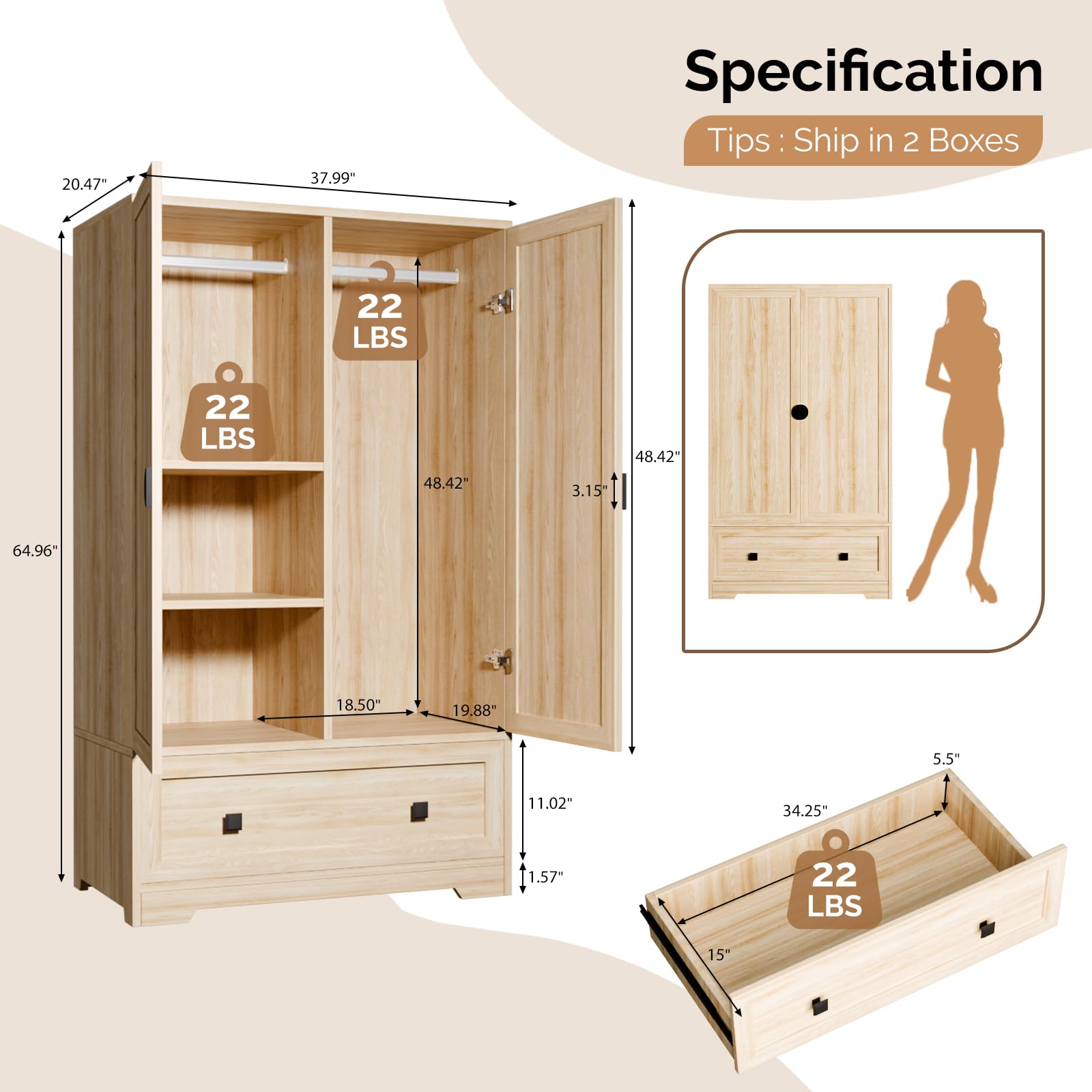 Wide Armoire Wardrobe Closet with Shelves, Hanging Rod and Drawers, Freestanding Closet Wardrobe Cabinet, Armoires and Wardrobes with Doors for Bedroom, Dorm