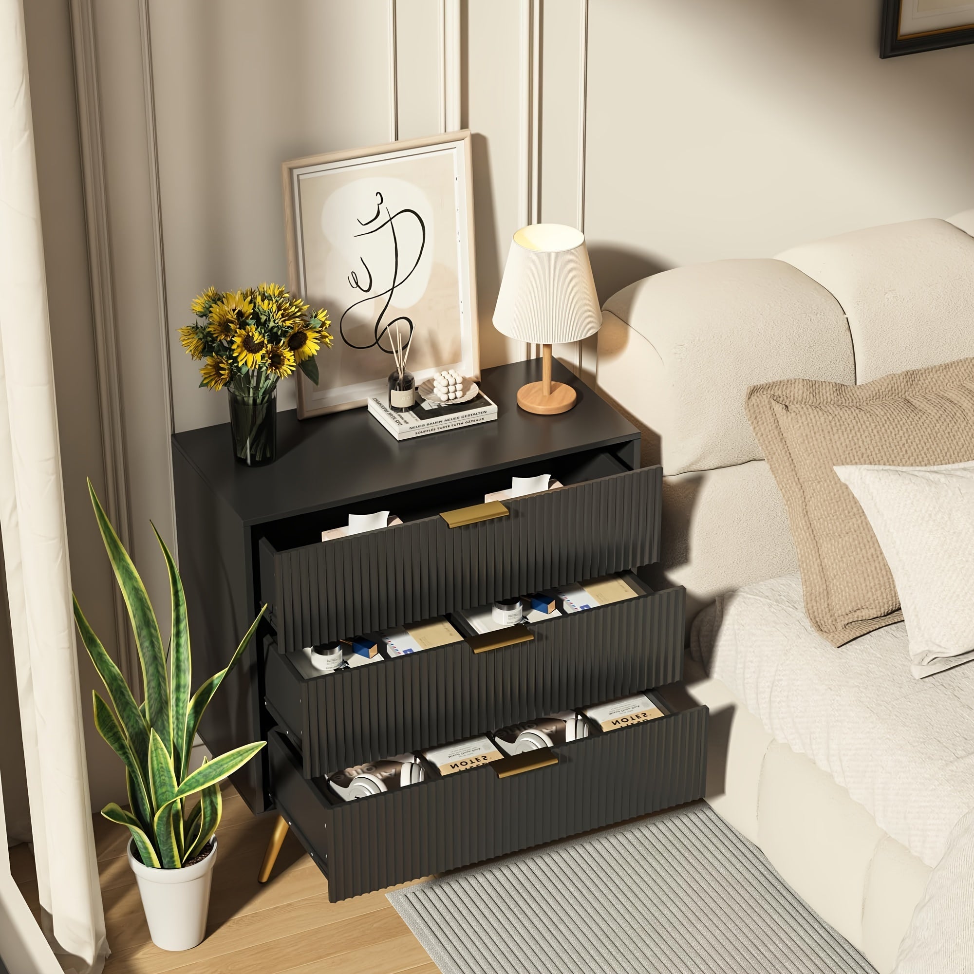 Fluted Accent 3 Drawer Dresser Mid Century Modern Chest of Drawers with Wide Drawers Metal Legs Storage Dressers Chest