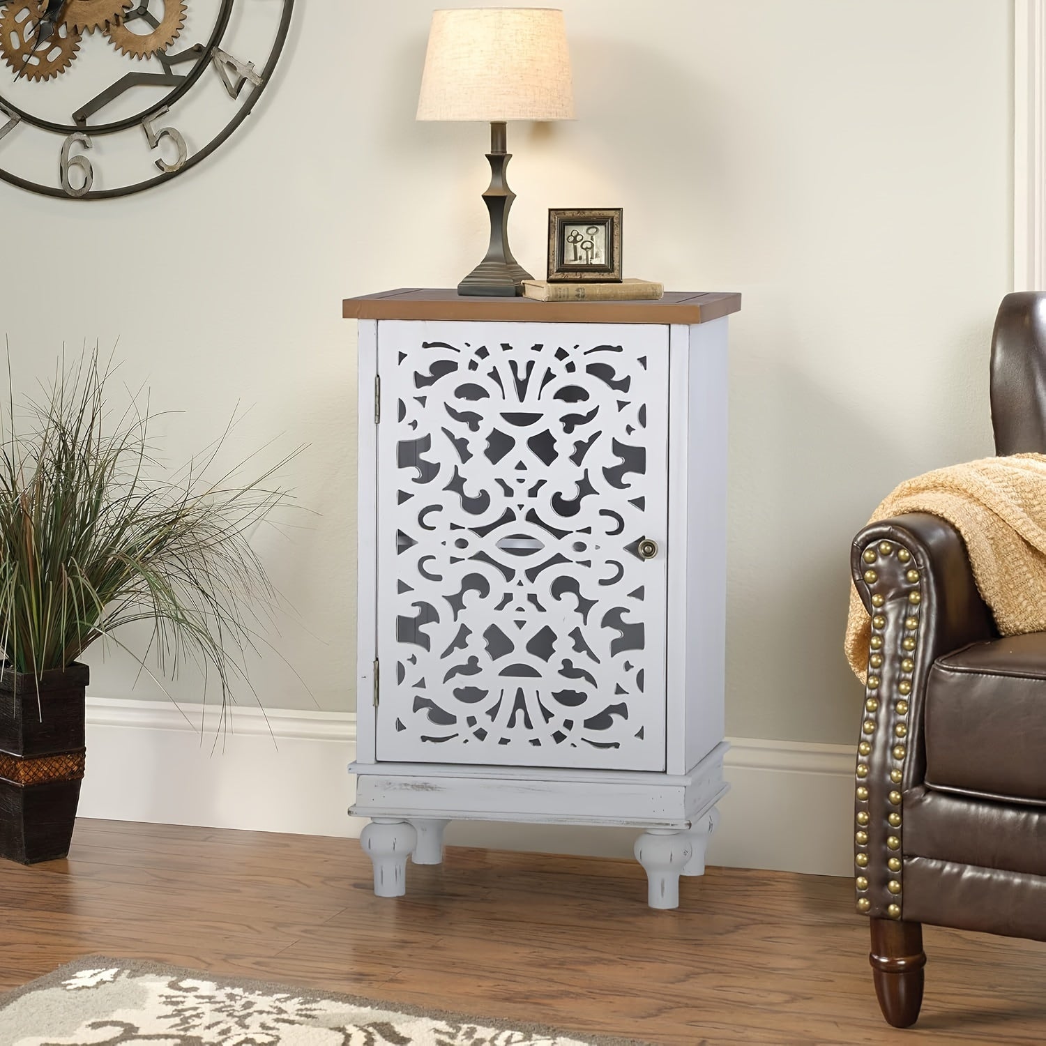 Mix Patio Accent Cabinet Small With Single Door, 31.5" Tall Side End Table, Distressed Nightstand With Wooden Frame And Hollow Carved Door, Blue/White, 1-Door