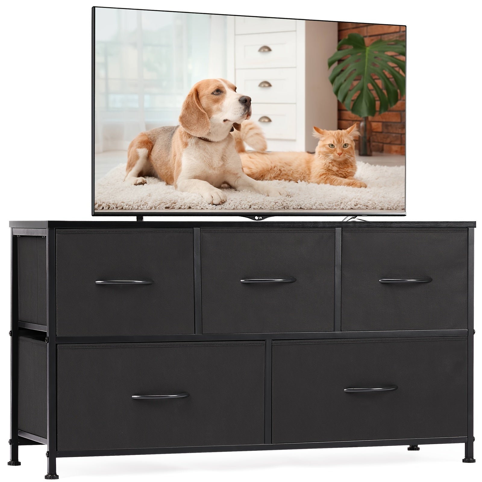 TV Stand Dresser For Bedroom Entertainment Center With 5 Fabric Storage Organizers Units Dorm 5 Drawers And Shelf Black