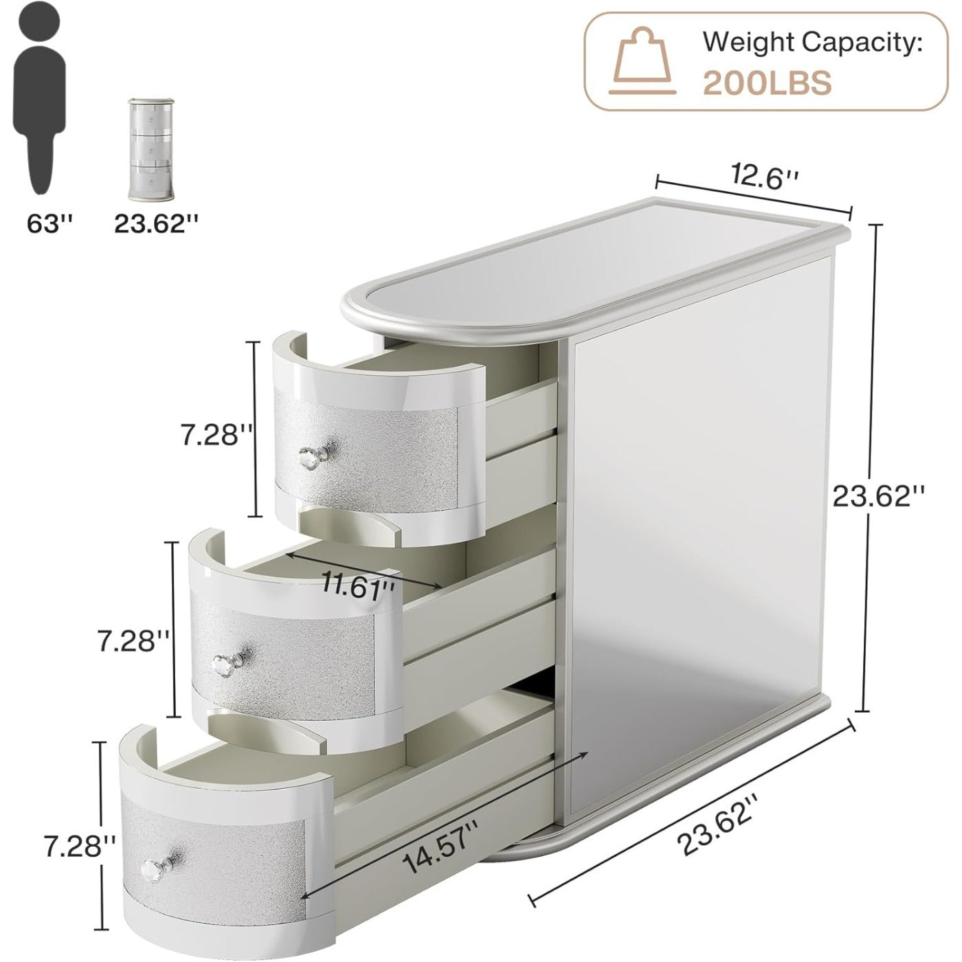 End Table For Living Room - No Assembly Required, Mirrored Side Table With 3 Drawers, Narrow Wood Sofa Side Table, Modern Nightstand Bedside Table For Bedroom, Storage Lockers, Storage And Organization