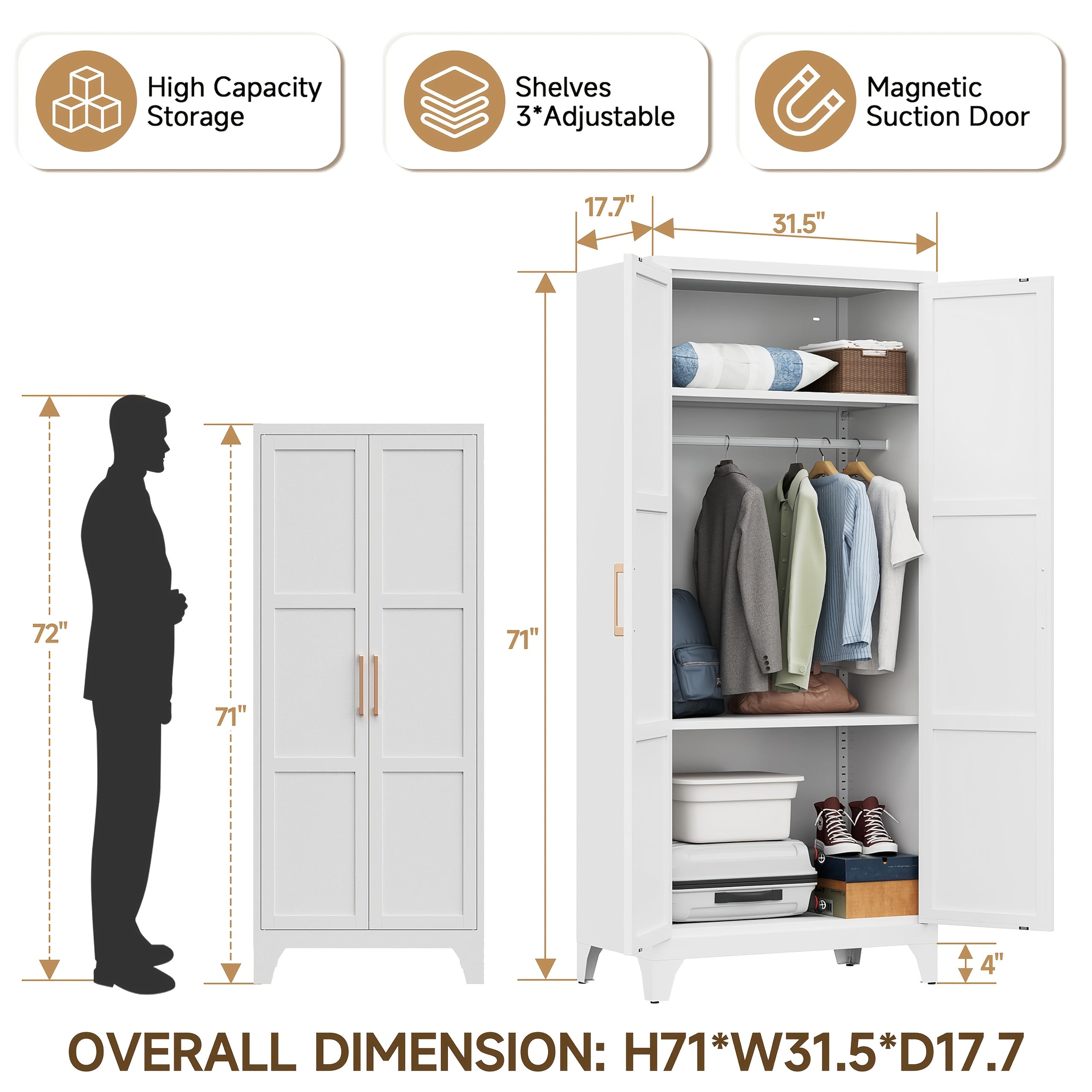 71" H Wardrobe Armoire Closet - Sturdy Metal Storage Cabinet with Adjustable Shelves & Hanging Rod, Spacious Bedroom Organizer for Clothes, Shoes & Linens, White