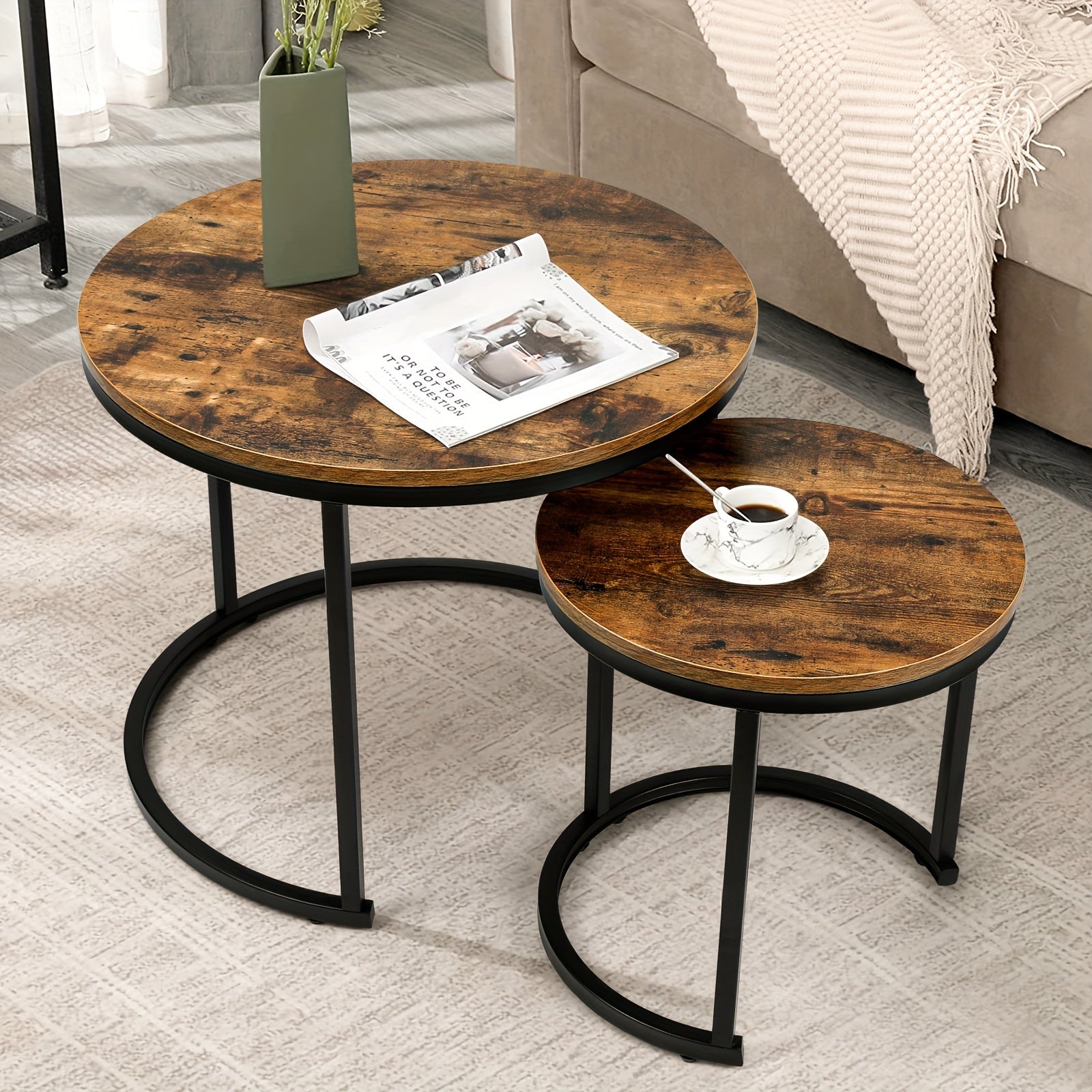 Coffee Tables for Living Room - Small Round Set of 2 Center Table with Solid Wood Grain Table Top and Sturdy Metal