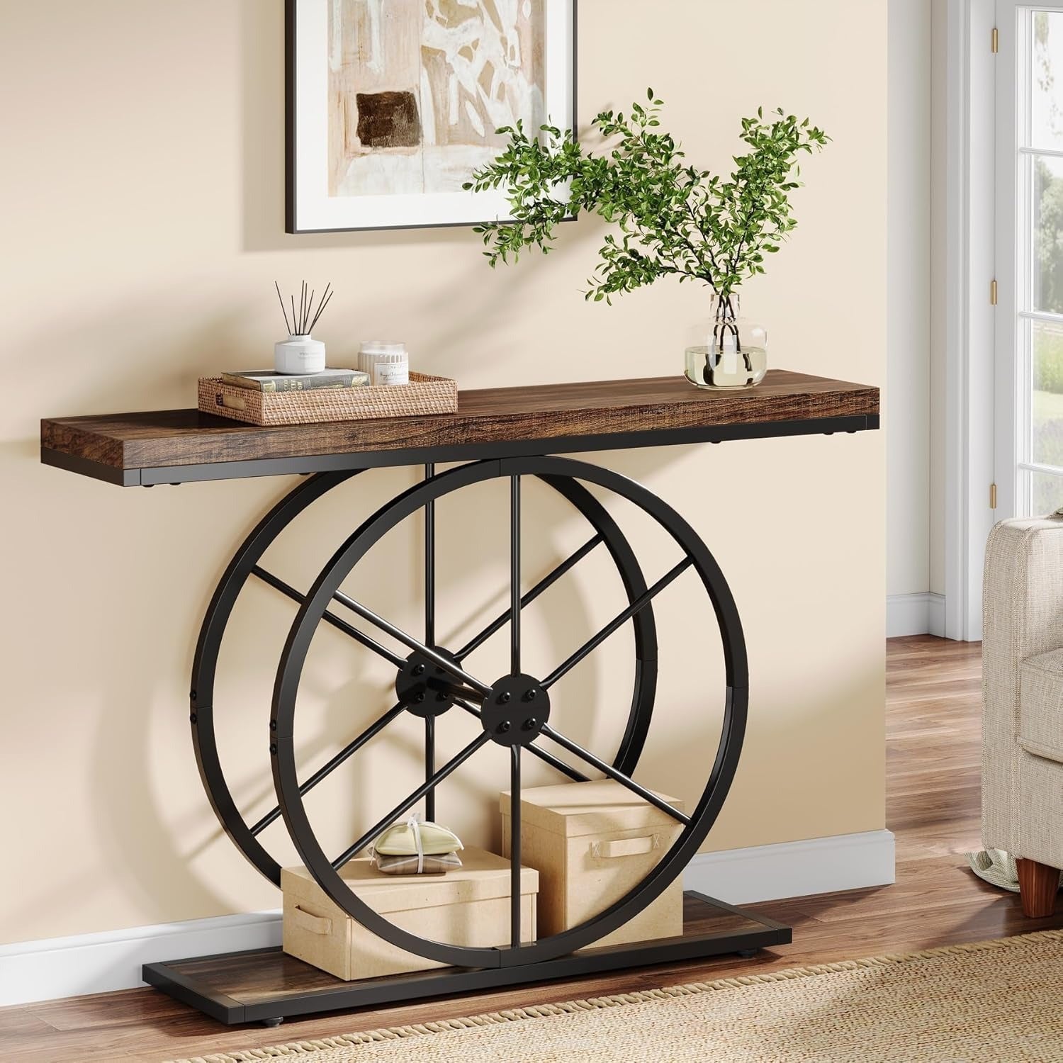 Rustic Brown Industrial Console Table - 39.4’’ Entryway & Living Room Narrow Sofa Table with Sturdy Wheel-Shaped Frame