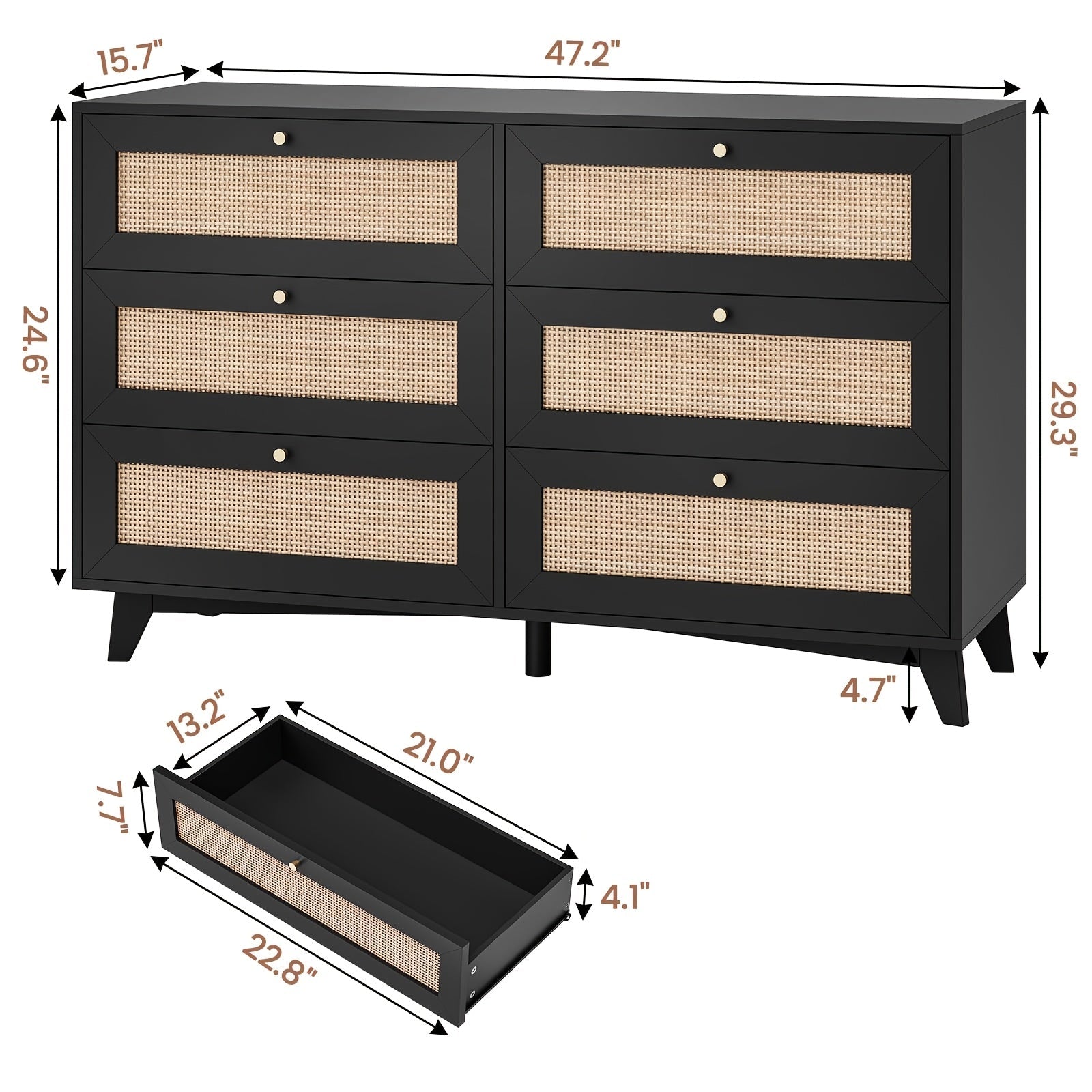 47.2'' Black Natural Rattan Dresser For Bedroom With 6 Drawers, Modern Double Wooden Wide Bedroom Dresser, Chest Of Drawers With Metal Handle & Solid Wood Legs For Bedroom/Living Room