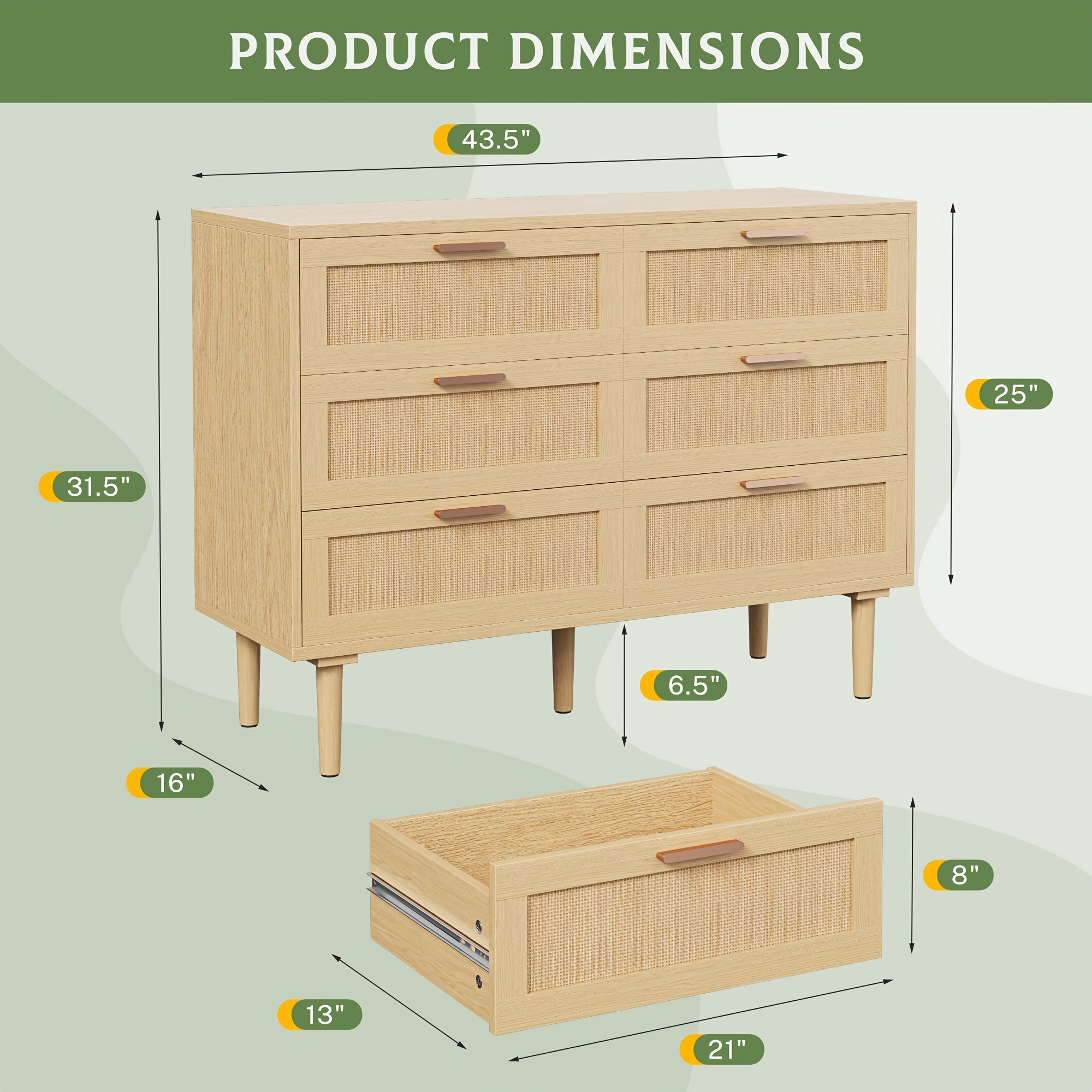 6 Drawer Dresser Modern Wooden 6 Drawer Dresser Rattan Dresser with Golden Handles for Bedroom Rattan Storage Chest