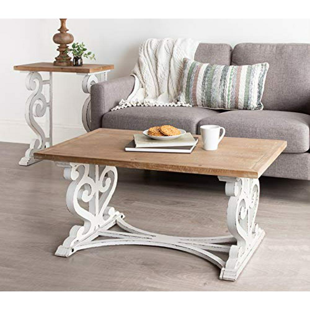 Rustic Carved Coffee Table 38" x 23" x 18" Distressed Brown and White Farmhouse- Inspired Living Room Decor