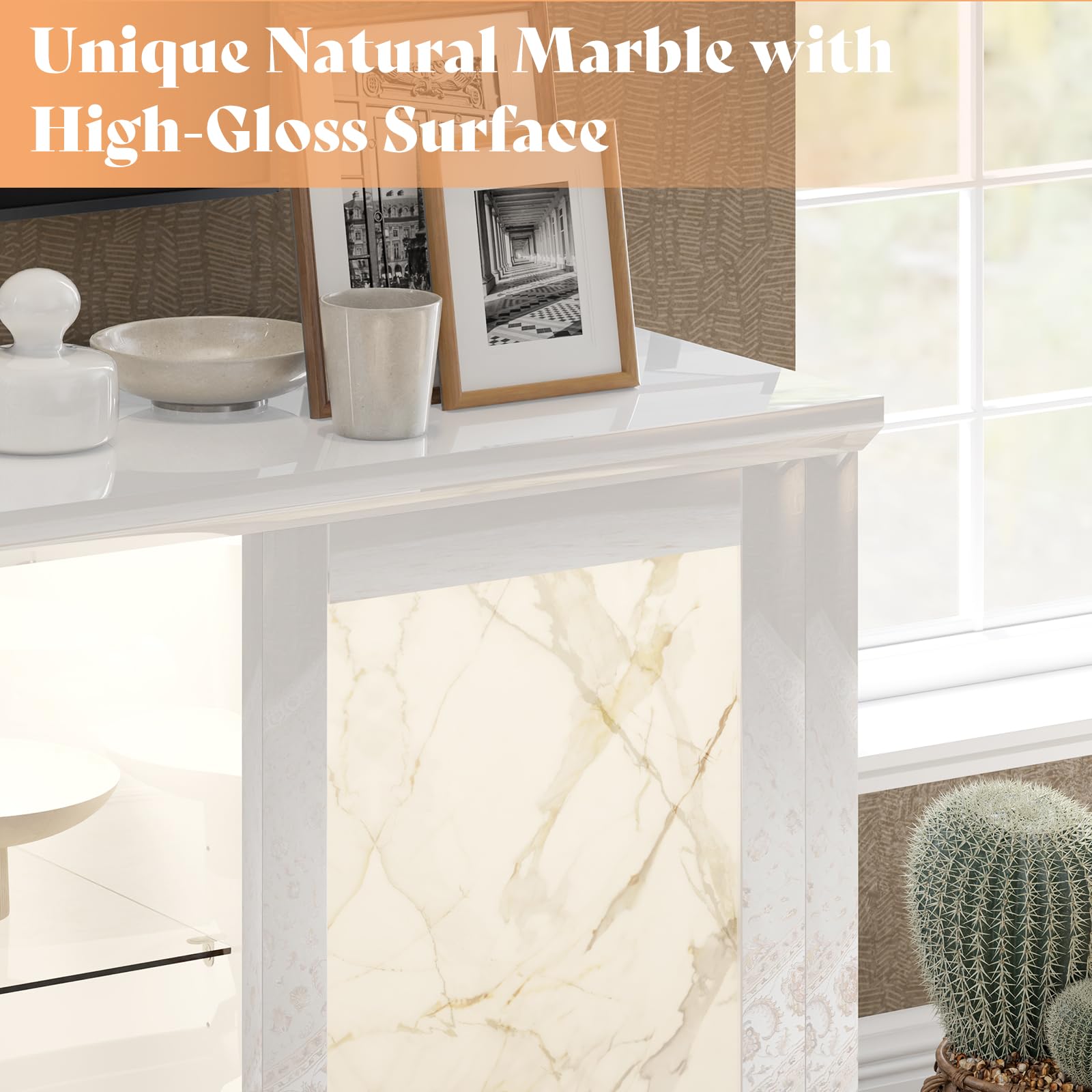 63" Natural Marble TV Stand - A Smooth, High-Gloss Entertainment Nucleus with LED Illumination and Pine Wood Legs, an Elegant White TV Console Cabinet Accommodating TVs Up to 73"