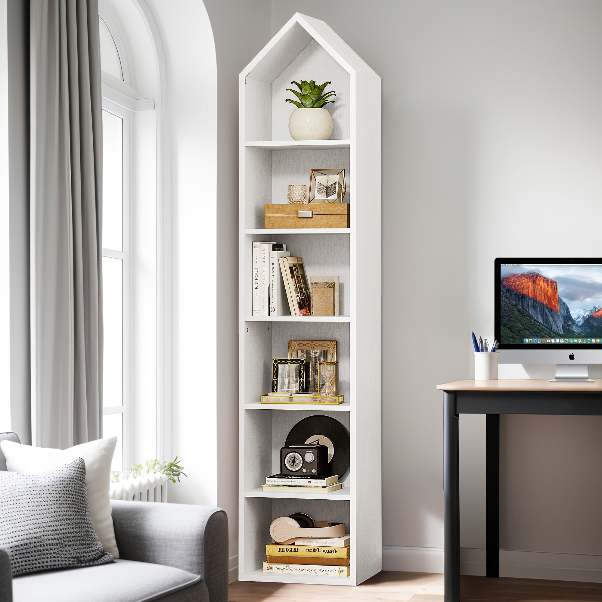 Modern 6- Cube Bookshelf with Adjustable Shelves for Flexible Organization - Embossed black wood panel - Bookshelf