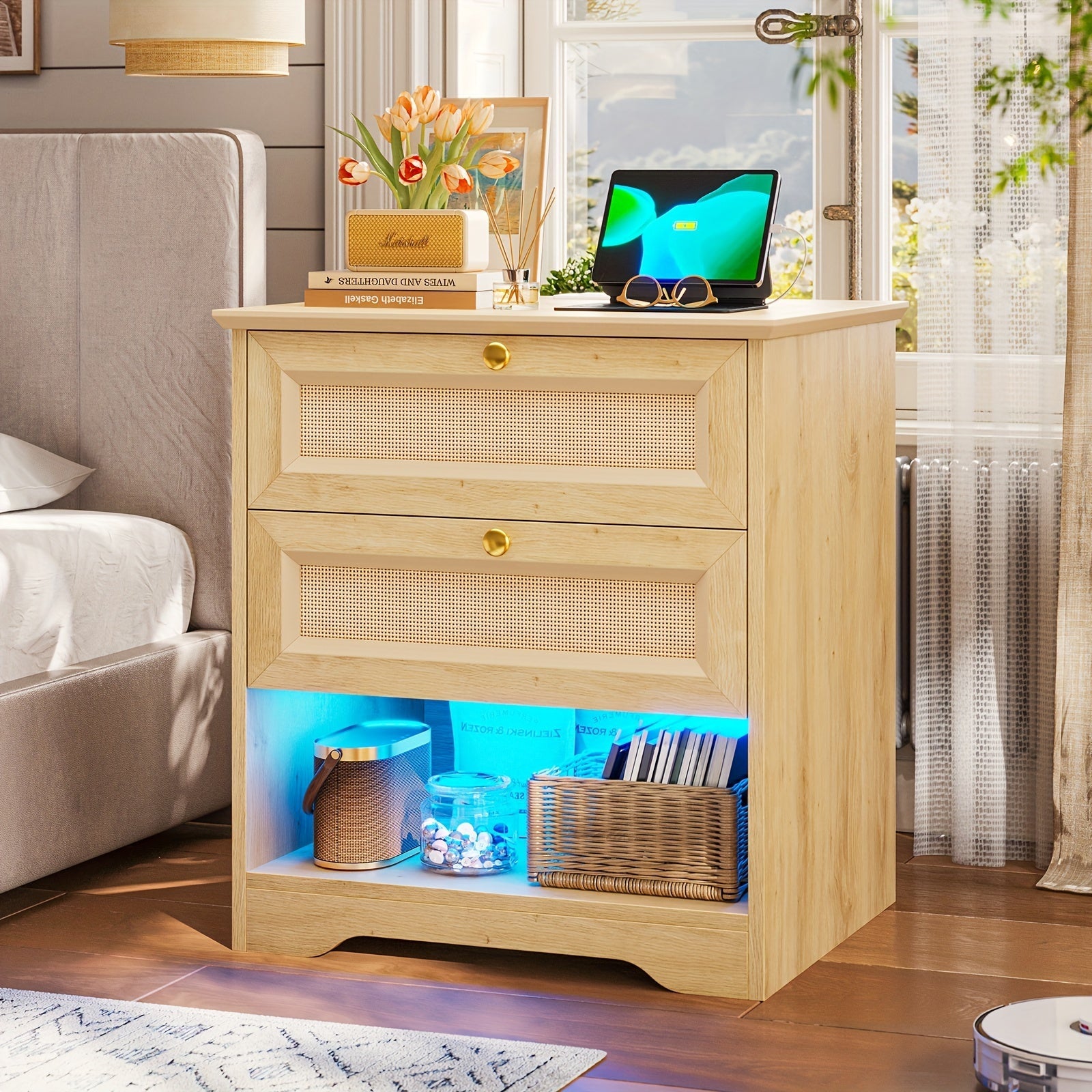 Chic Rattan Nightstand with 2 Drawers & LED Lights - Versatile Bedside Table in Natural or Black Finish