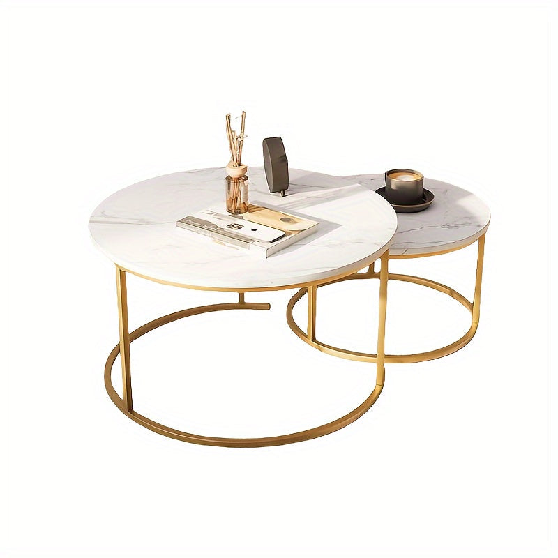 2-piece Set, Nested Coffee Table, Large White, Black, Brown Artificial Marble Edge Table, Steel Frame Circular And Circular Wooden Table, Living Room, Bedroom, Apartment, Modern Small Space