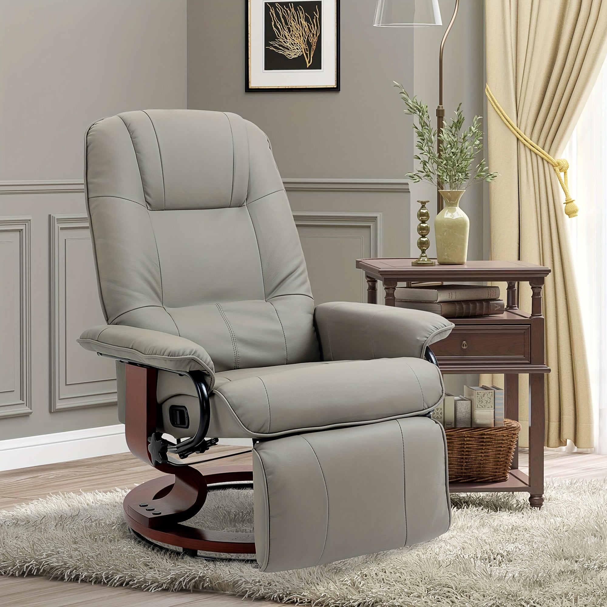 Faux Leather Manual Recliner, Adjustable Swivel Lounge Chair with Footrest, Armrest and Wrapped Wood Base for Living Room, Gray