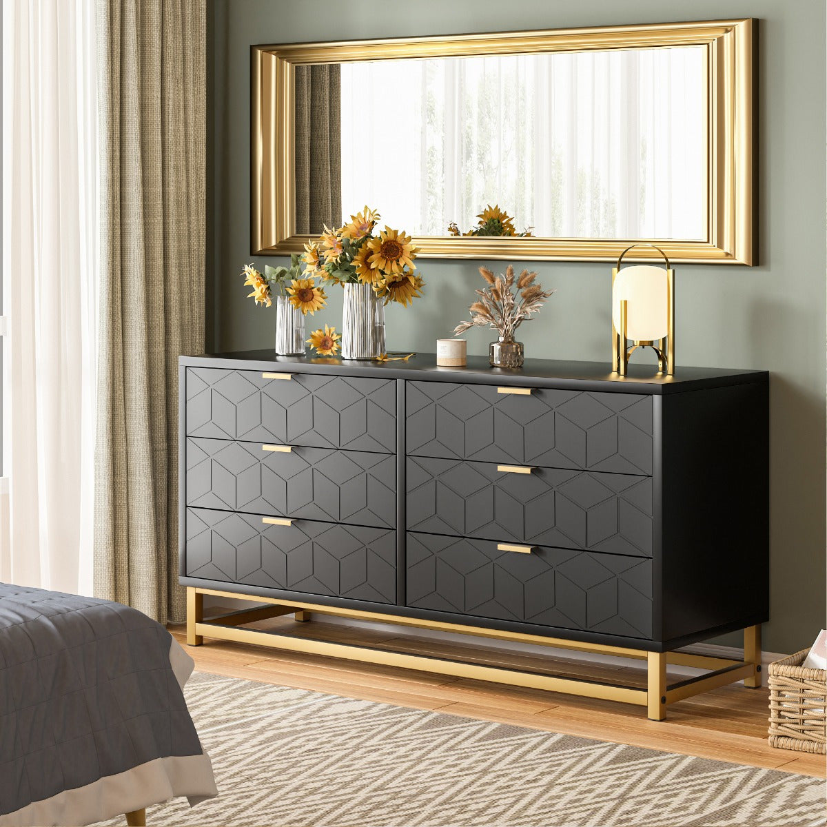 Elegant Black Dresser with 6 Drawers - Diamond Pattern Golden Handles & Base Freestanding Storage for Bedroom
