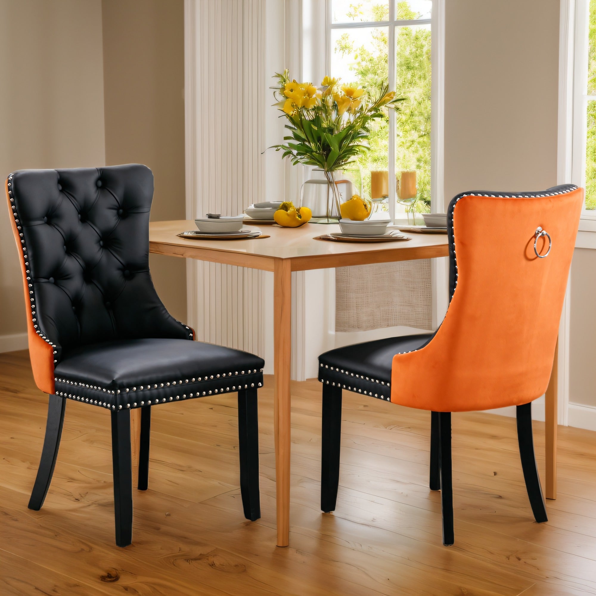 Modern Faux Leather Upholstered Dining Chair 2-Pcs Set, High-end Tufted Solid Wood PU and Velvet Upholstered Dining Chair, Chrome Nailhead Trim, Casual Style, for Kitchen, Dining Room, Living Room (White+Black/ Black+Orange/