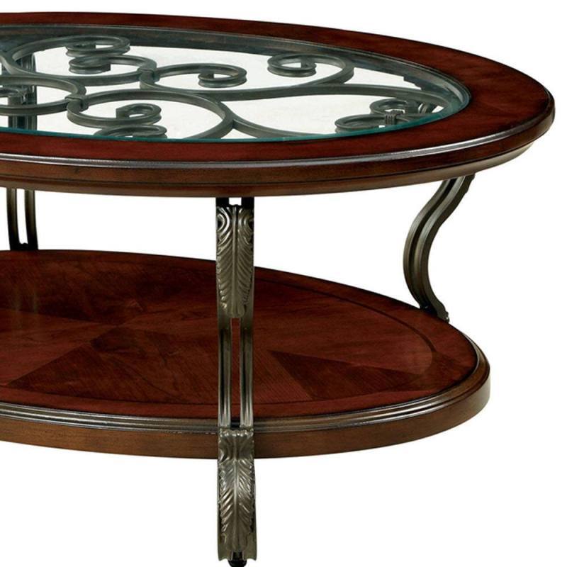 Elegant Brown Cherry Coffee Table with Glass Top and Open Bottom Shelf - Traditional Style Living Room Furniture