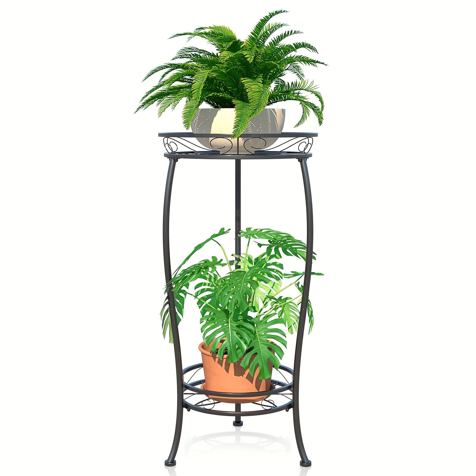 Plant Stand Indoor Outdoor 2 Tier Flower Pot Holder Display Vertical Shelves Shelf - Metal Iron Corner Planter Rack Multiple Organizer For Garden Patio Lawn Balcony Office