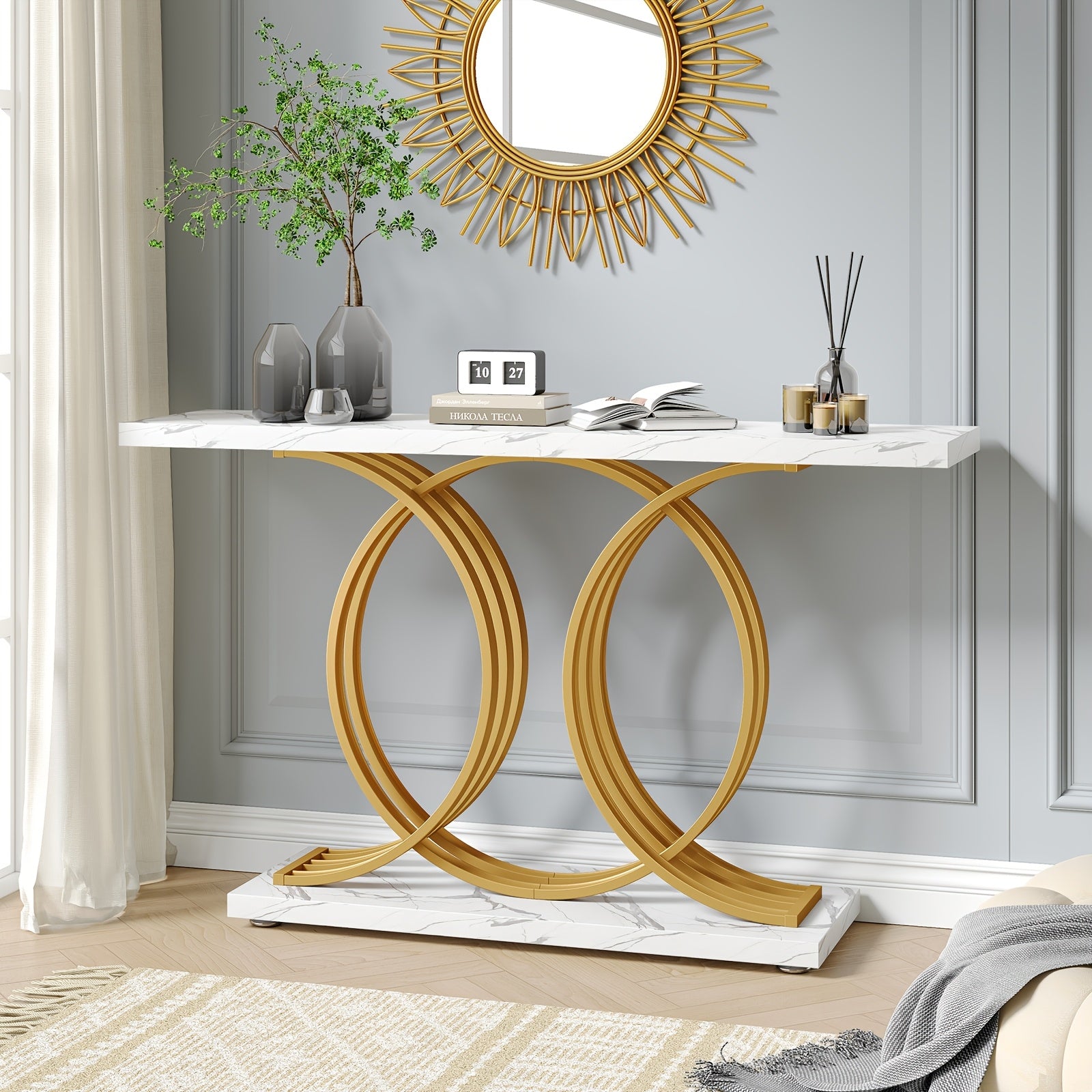 55 Inch Console Table For Hallway, Faux Marble Golden Entryway Table With Geometric Metal Base, Modern Narrow Sofa Accent Table For Entrance, Living Room, Foyer (White & Golden)