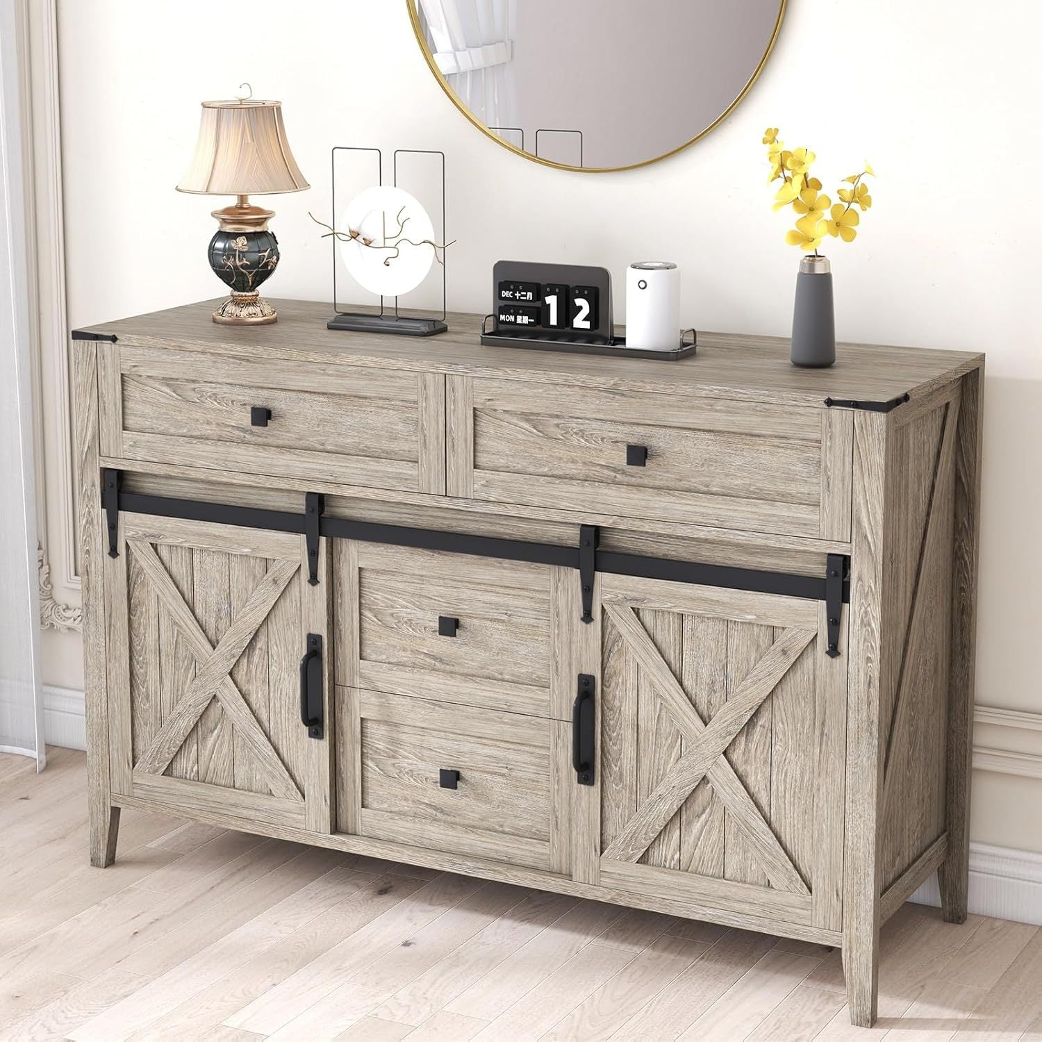 Farmhouse Dresser for Bedroom 120cm Sliding Barn Door Wood Texture Rustic Chest of Drawers 4 Drawers Dresser TV Stand