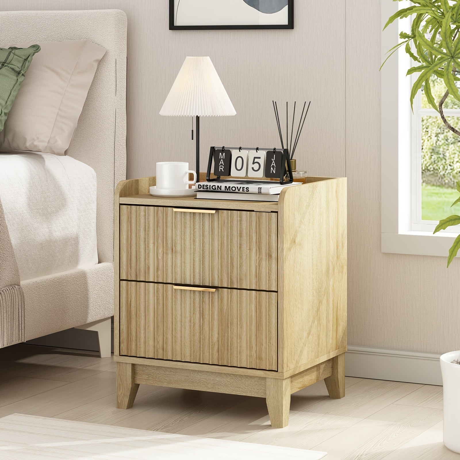 Modern Wood Bedside Table With 2 Drawers And Storage, Farmhouse Fluted Nightstand With Charging Station For Bedroom Or Living Room