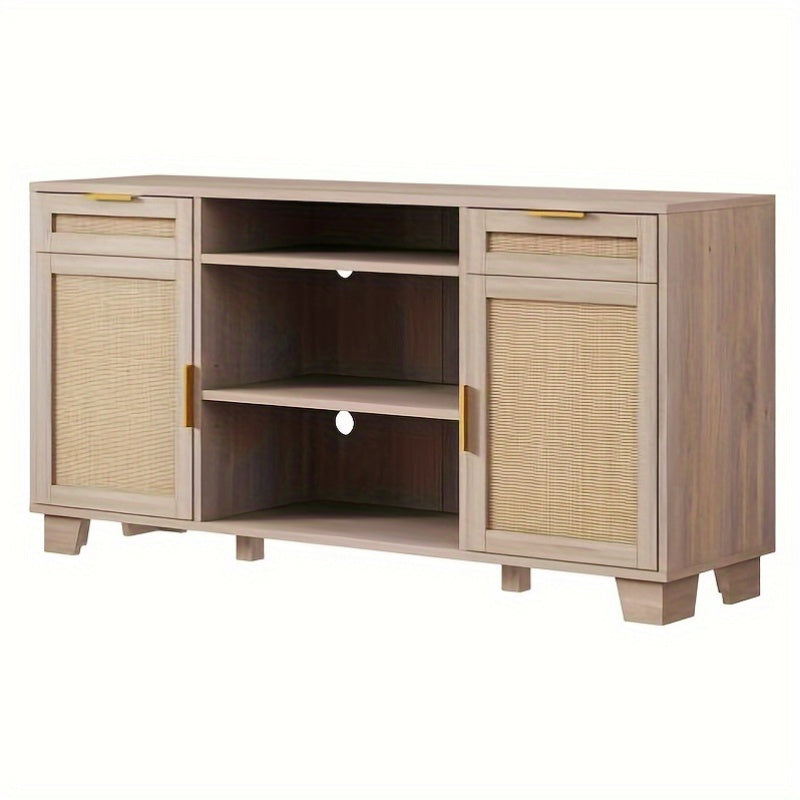 Mid- Century Modern TV Cabinet: 58" Rattan TV Console with Adjustable Shelf for 55- 65" TVs