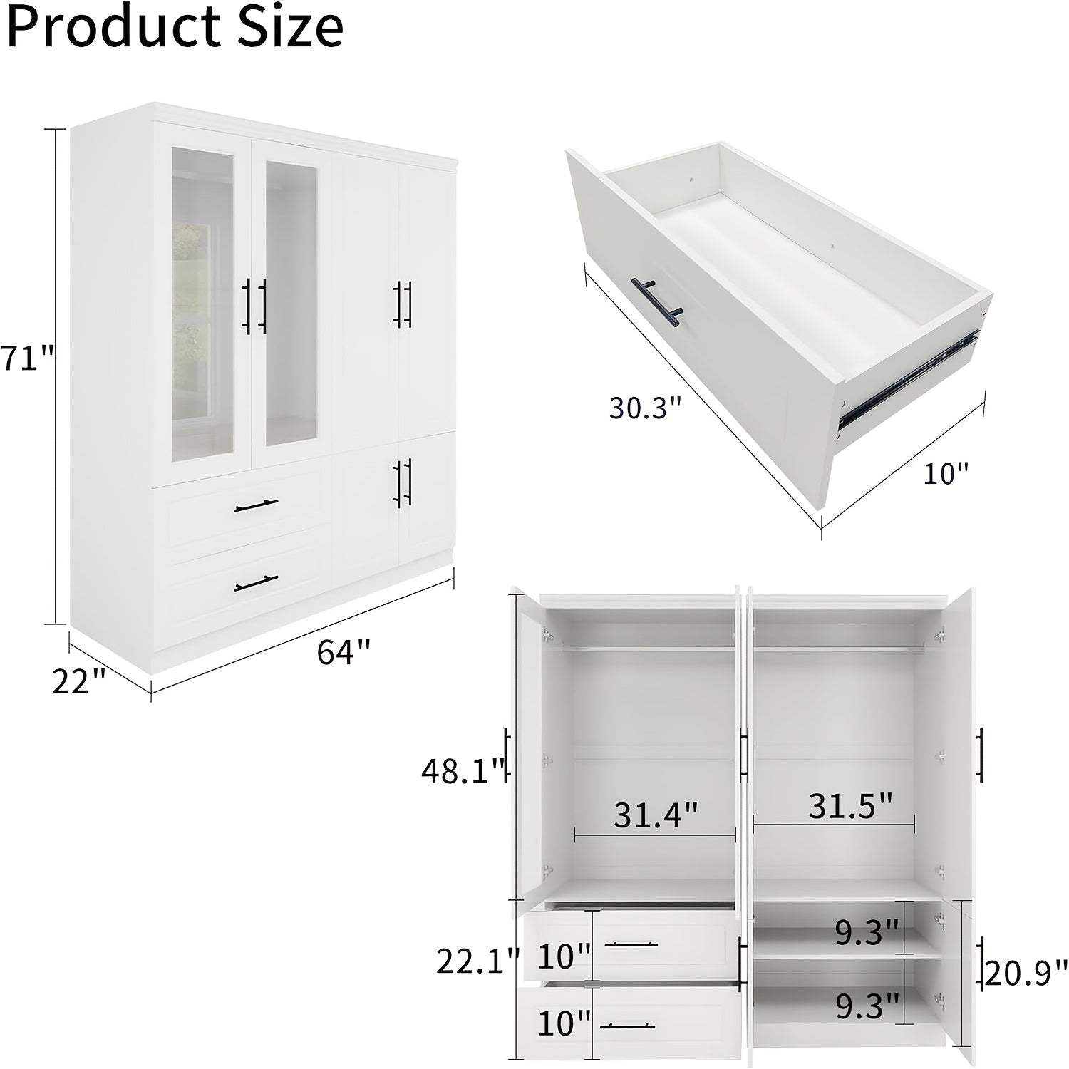 Armoire Wardrobe Closet, Wood Bedroom Armoires Wardrobe Cabinet with 4 Door 2 Drawers, Freestanding Tall Wardrobe Closet with Shelves And Hanging Rail