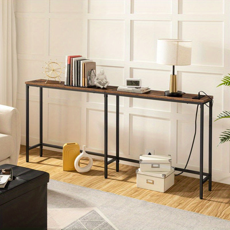 70.9 Inches Console Table with 2 Power Outlets and 2 USB Ports, Extra Long Entryway Table with Charging Station, Narrow Sofa Table Behind Couch, Hallway, Living Room