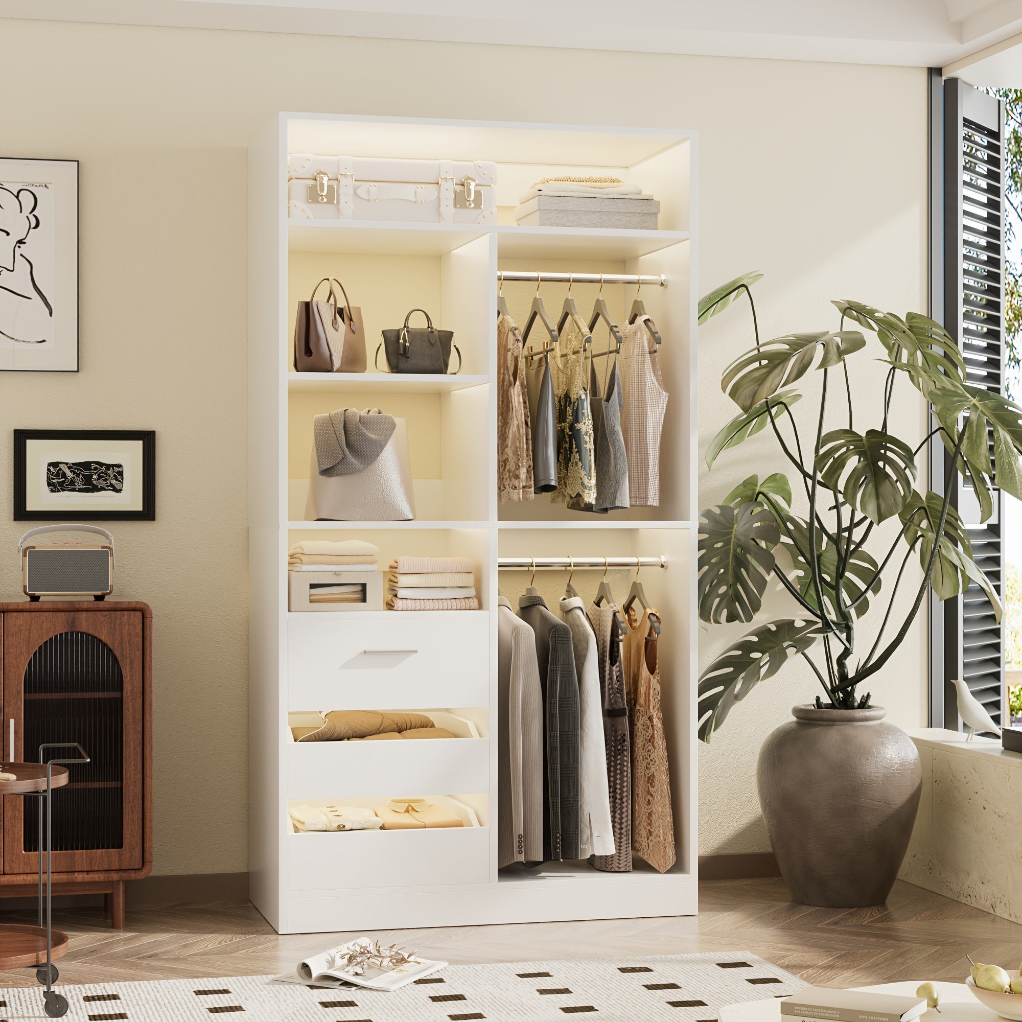 Standalone Wardrobe System with Suitcase Storage Space 36 Inch Standalone Wardrobe with 3 Wooden Drawers 80 Inch Height