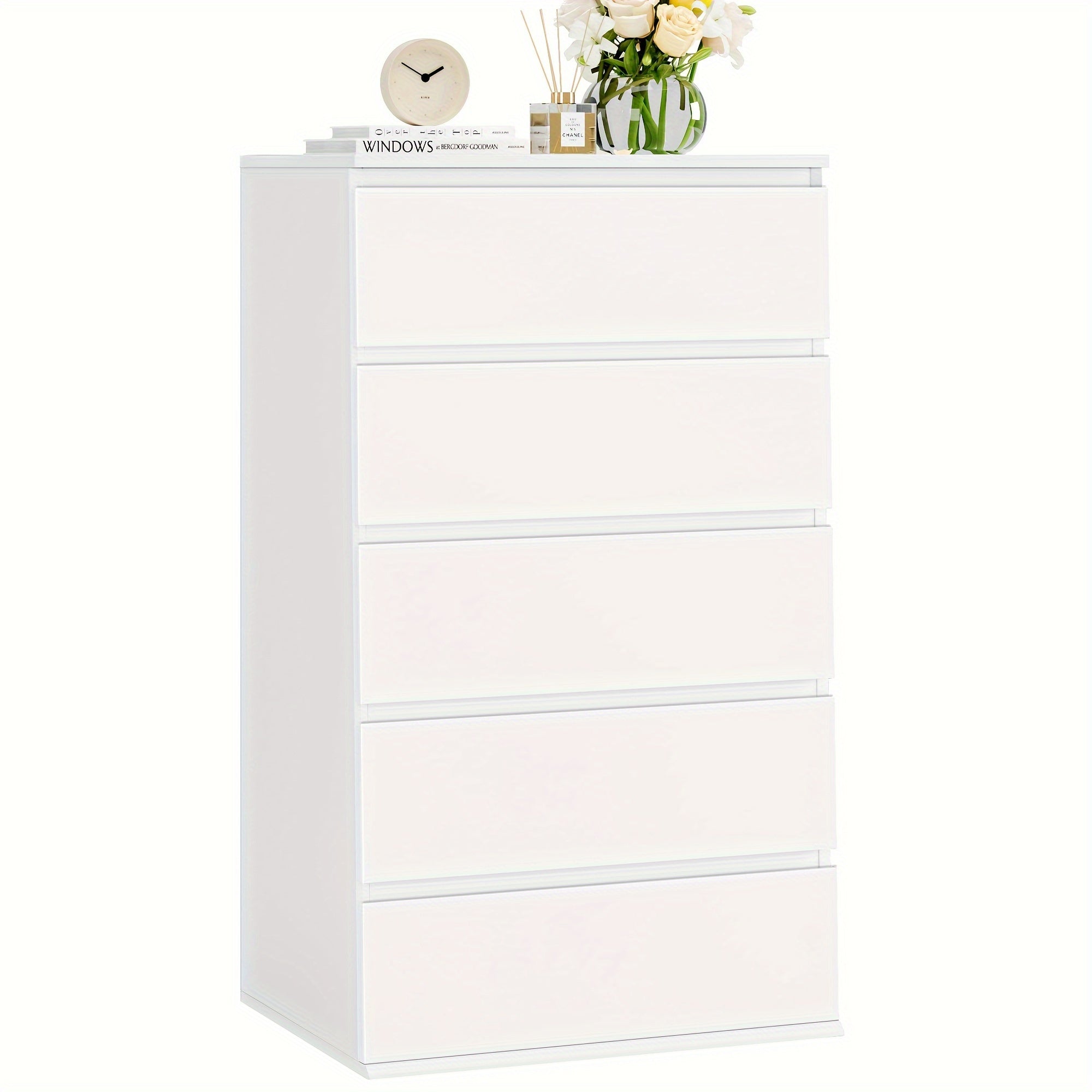 White Dresser For Bedroom, 5 Drawer Dresser With Fluted Handles, Modern Tall White Dresser For Bedroom, Living Room, Entryway