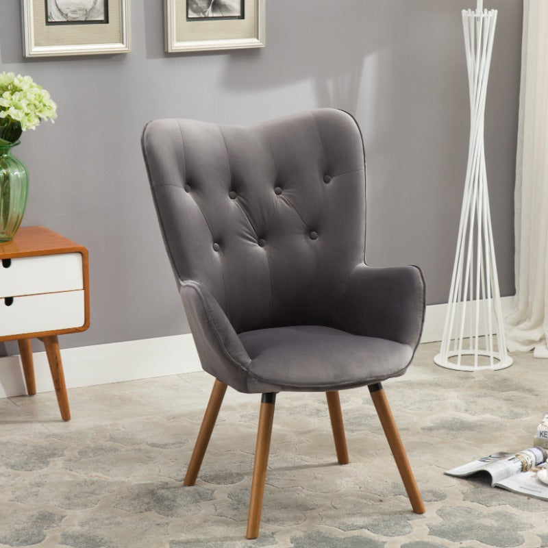 Contemporary Silky Velvet Button Back Accent Chair in Gray, Ideal for Lounge, Reading Nook, Adds Elegance and Comfort to Any Space