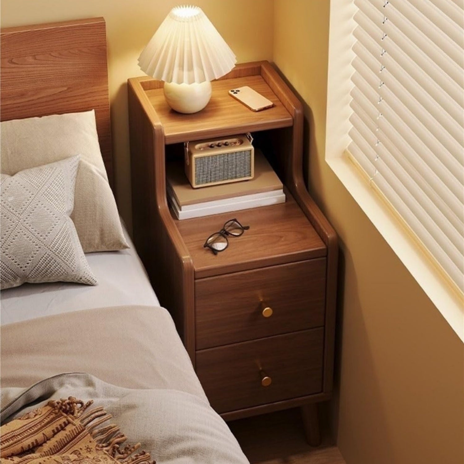 Solid Wood Nightstand with 2 Drawers, Multifunctional Bedside Table, Space-Saving Design, with Sliding Drawer and Open Storage Shelf for Small Bedroom