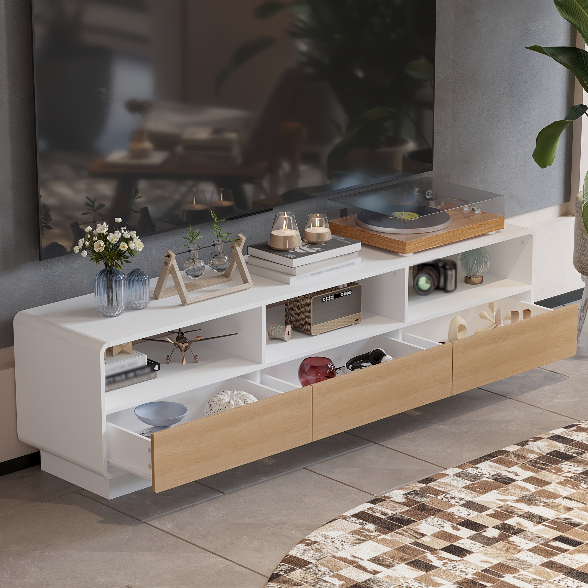 Modern TV Stand Glossy Media Console, TV Console with 3 Drawers & Shelves, Contemporary Style, for Living Room, White