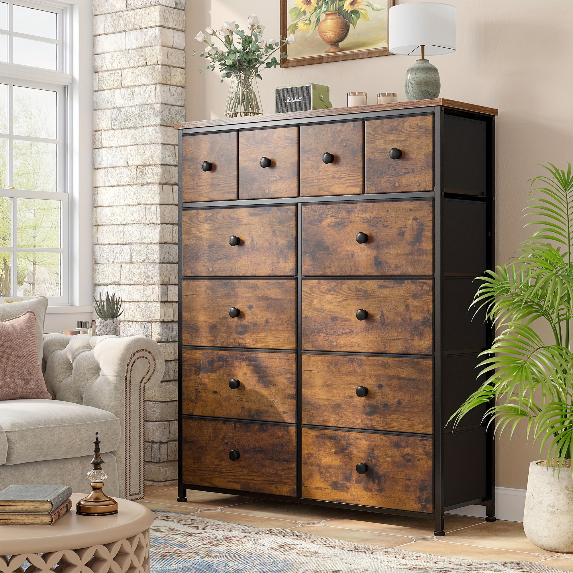Dresser 12 Drawer Dresser For Bedroom Fabric Dressers & Chests Of Drawers For Bedroom Living Room Wood Top Metal Frame