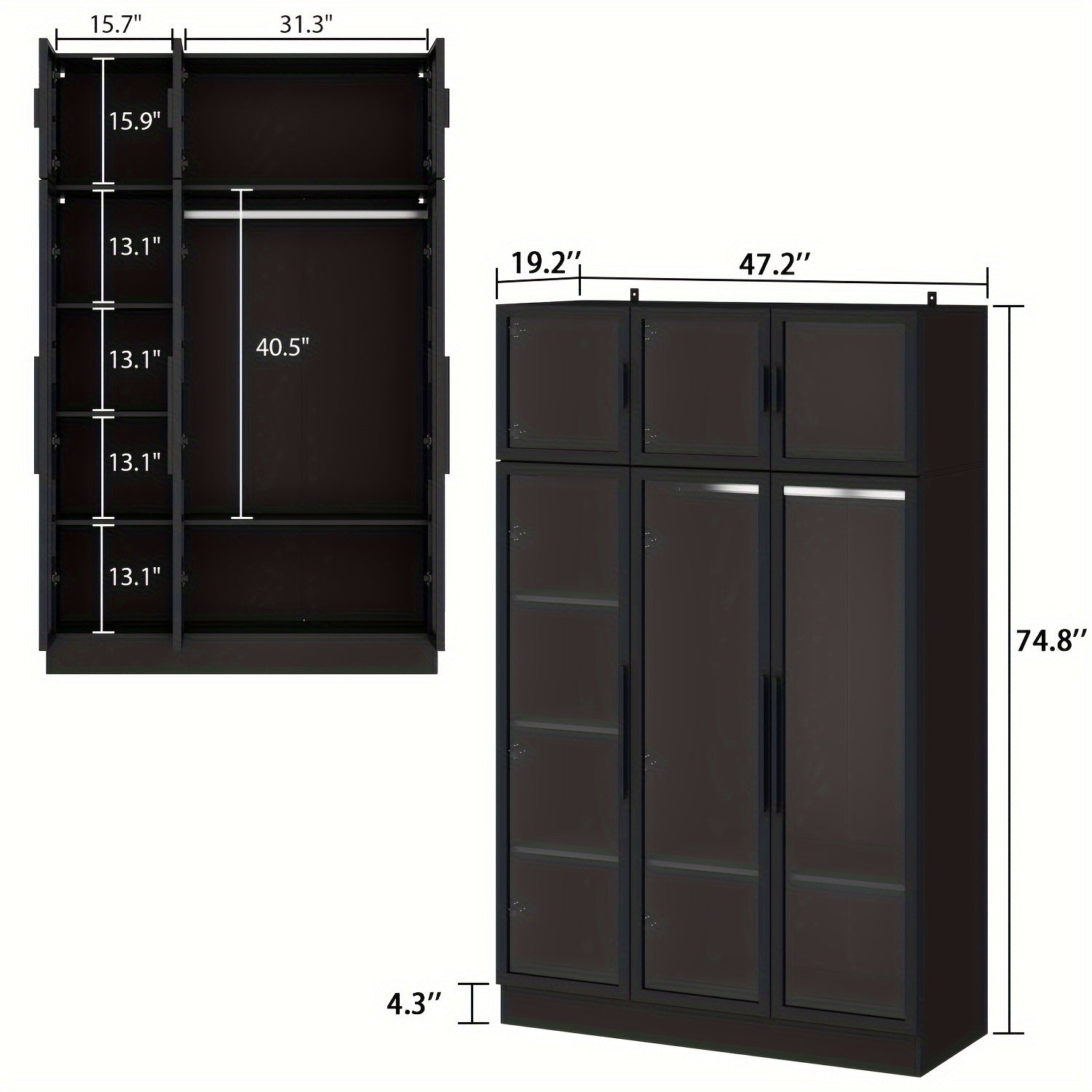 Three-Door Armoire, LED Light, All-Glass Door Closet Cabinet Wardrobe