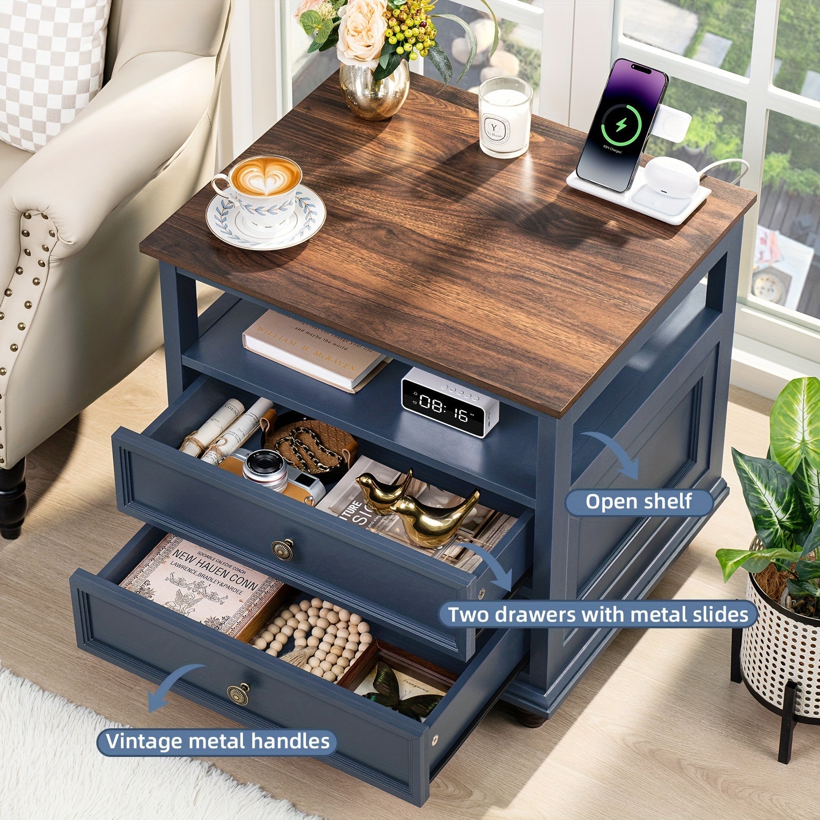 Farmhouse Nightstand With Charging Station, 23.6" Wide End Table With 2 Drawers, Blue Dresser For Bedroom, Bed Side Table Chest Of Drawers Cabinet, Wood Night Stand For Living Room, Closet