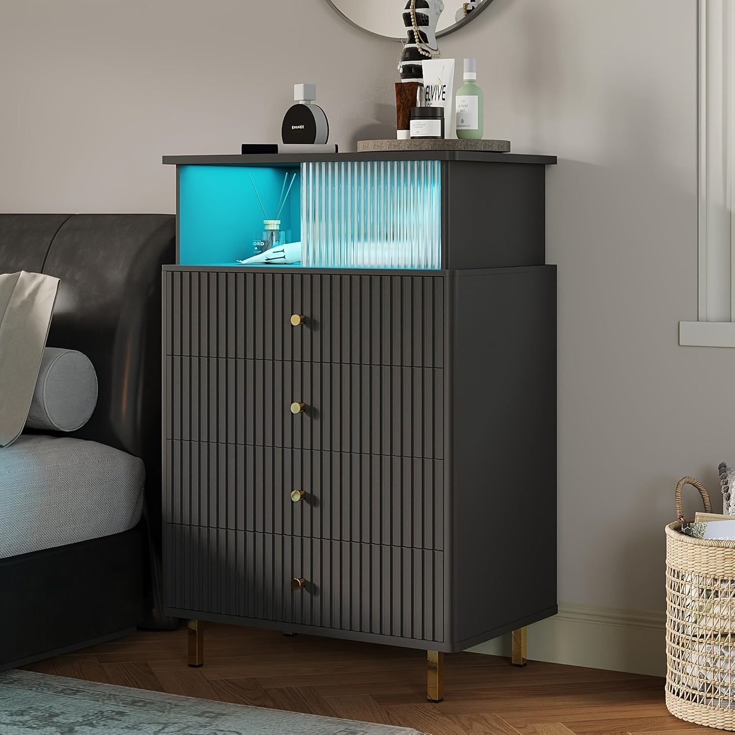 Modern White & Golden 4-Drawer Dresser with LED Lighting - Large Capacity Acrylic Accents for Bedroom Living Room