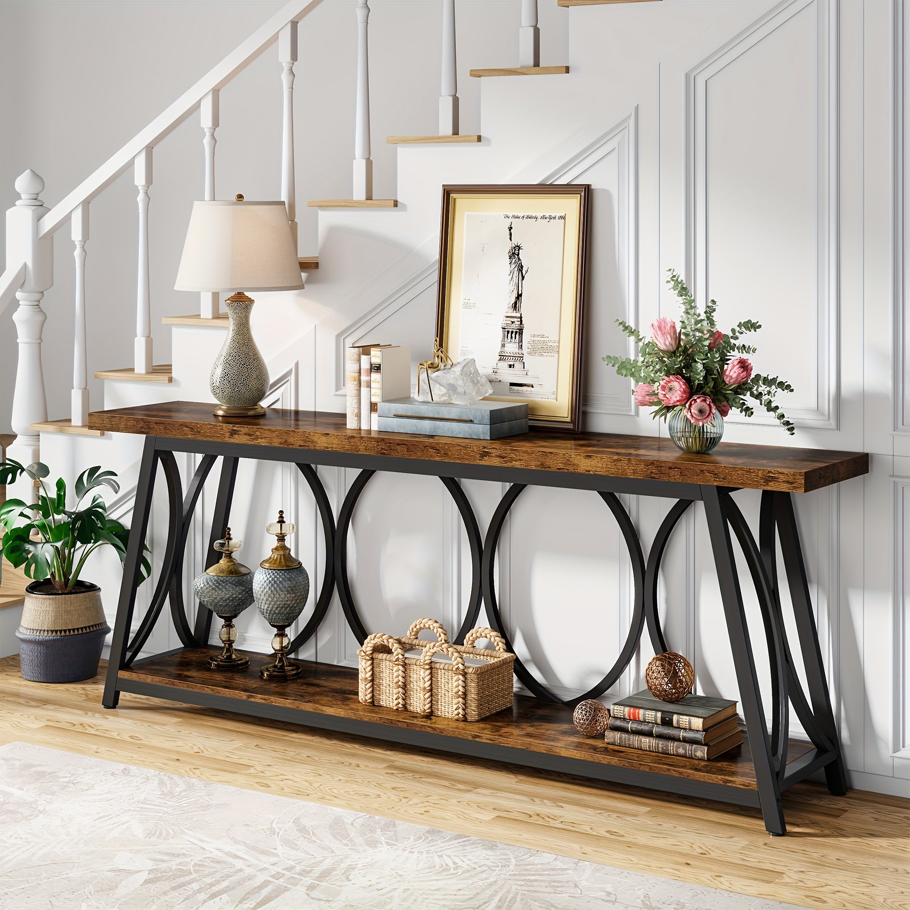 70.9-Inch Extra Long Console Table: Industrial Sofa Table With 2-Tier Storage Shelf For Behind Couch Narrow Entryway