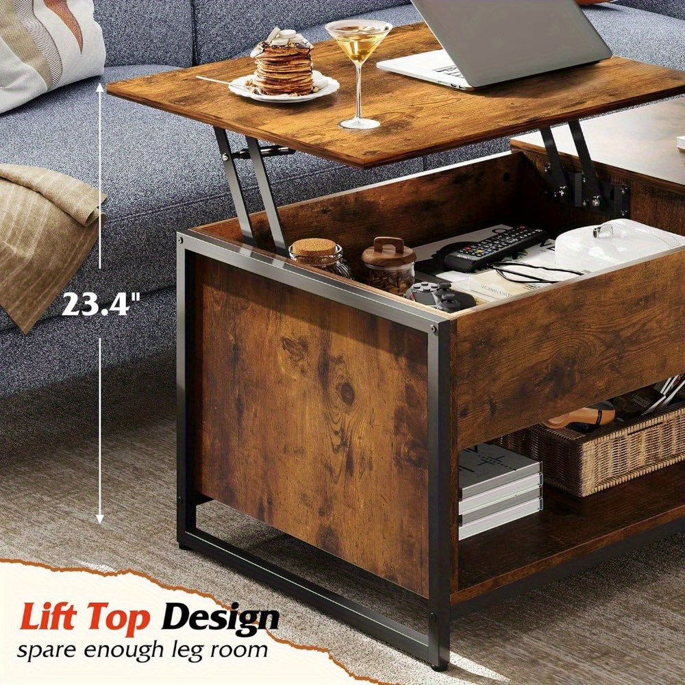 1pc Lift Top Coffee Table with Storage Cabinet, Wood Coffee Table for Living Room, Retro Center Table with Lifting Top, Hidden Compartment And Open Shelf for Home, Office