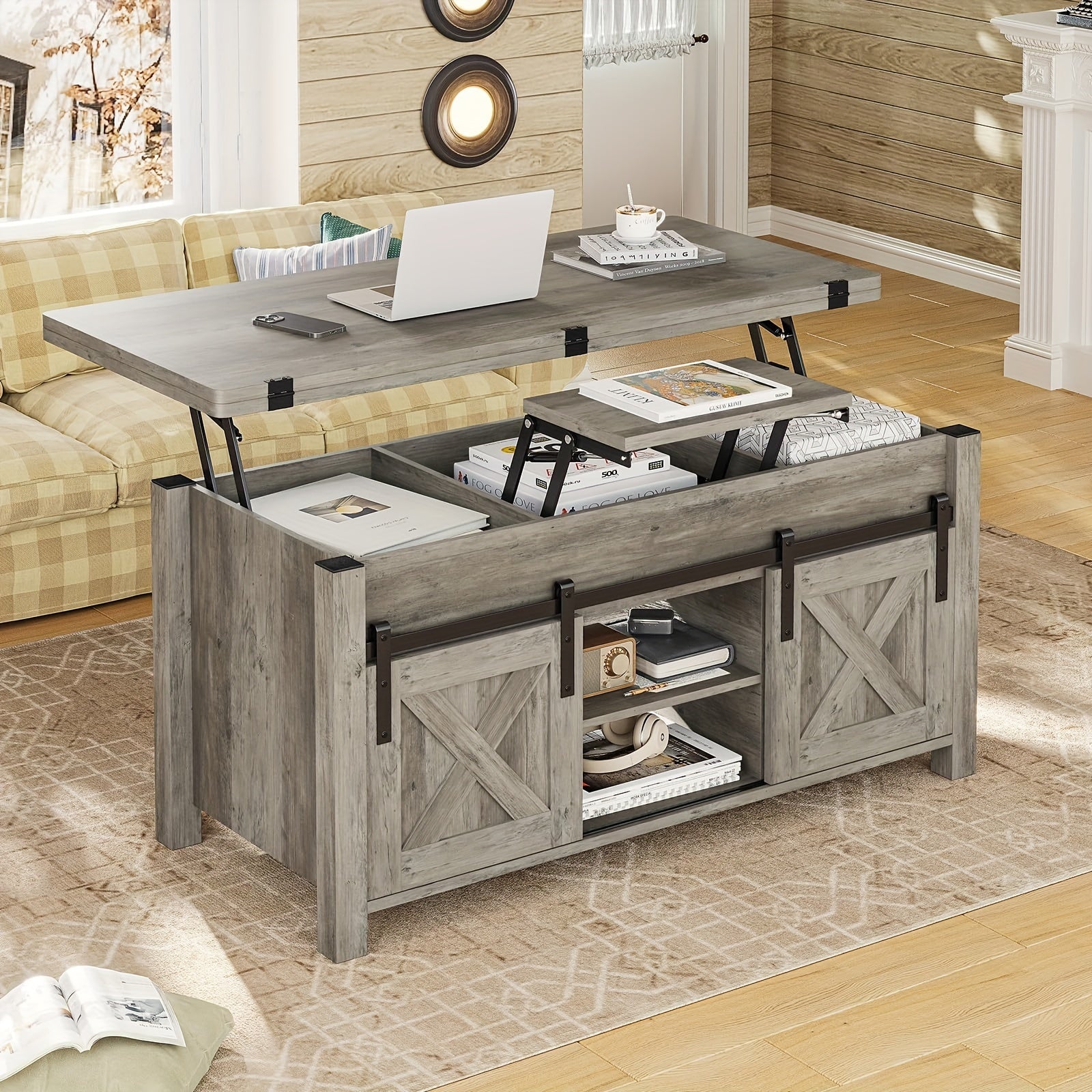 Farmhouse Lift Top Coffee Table with Hidden Compartments and Open Shelves, Center Table with Sliding Barn Door for Living Room Home Office, Light Oak Gray