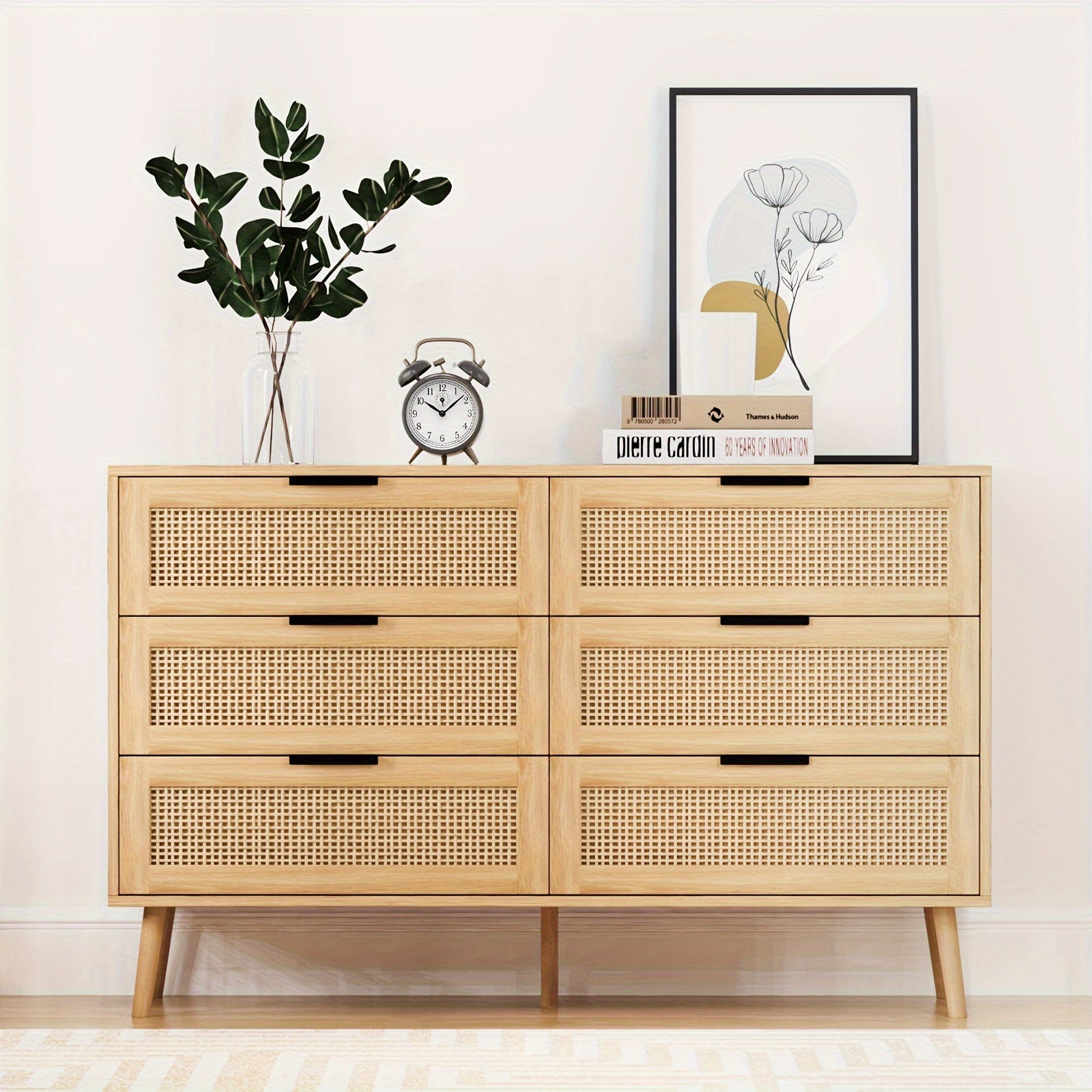 Natural Rattan Dresser for Bedroom with 6 Drawer, Wood Durable Dressers & chests of Drawers with Black Handles, Handmade Natural Rattan Modern Storage Double Drawers for Bedroom, Closet, Living room Storage Drawer Units