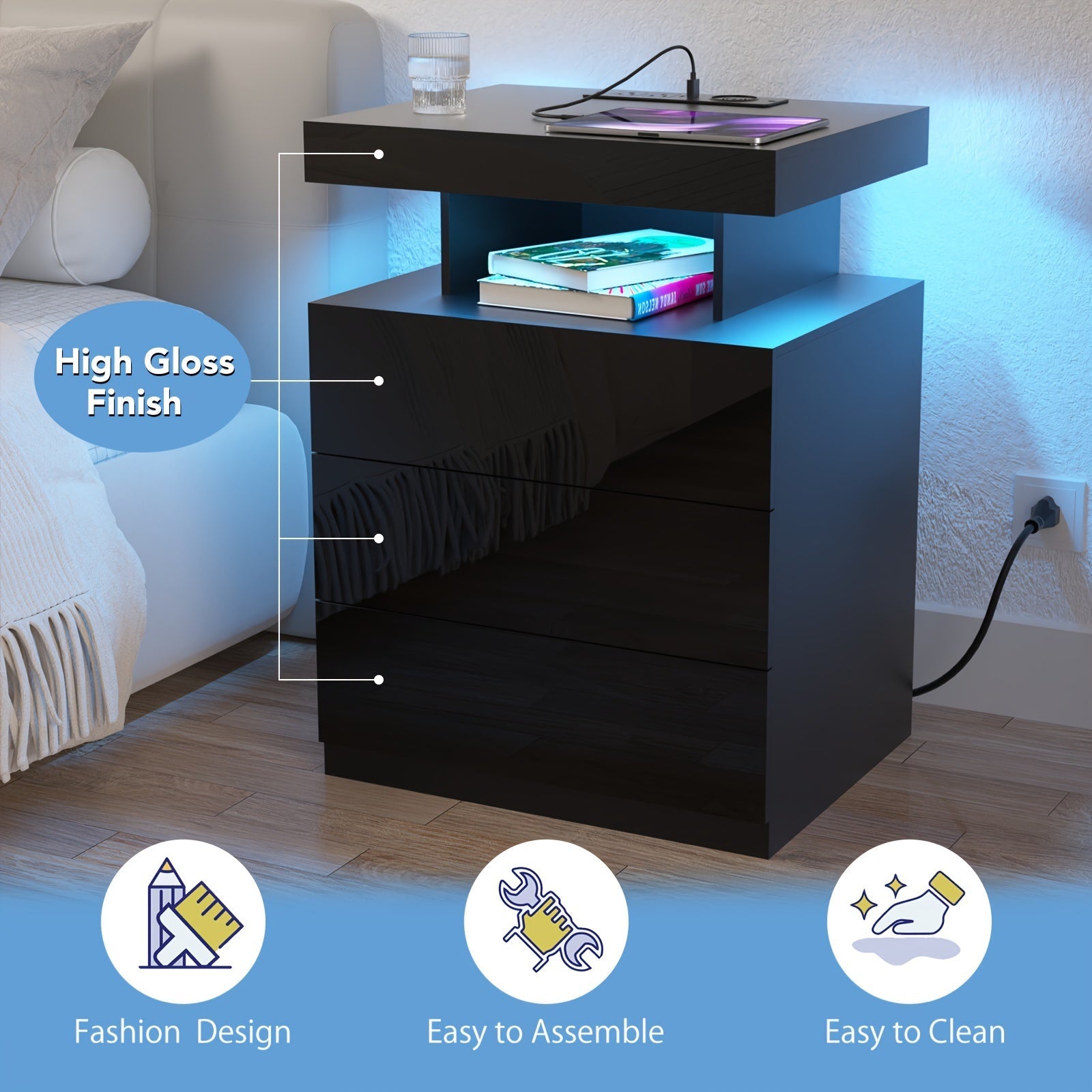 2PCS/ 1PC LED Nightstand Modern White Nightstand With Led Lights Wood Matte Led Bedside Table Night Stand With 2 High Gloss Drawers For Bedroom 20.5" Tall