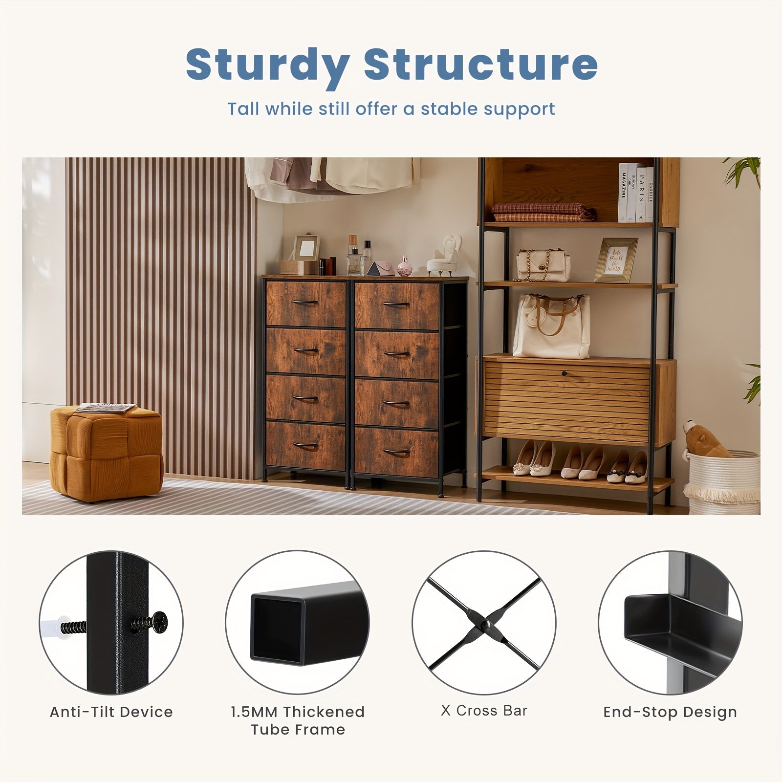 Dresser for Bedroom with 4 Drawers Fabric Closet Organizer Dresser with Metal Frame and Wood Tabletop Chest Storage