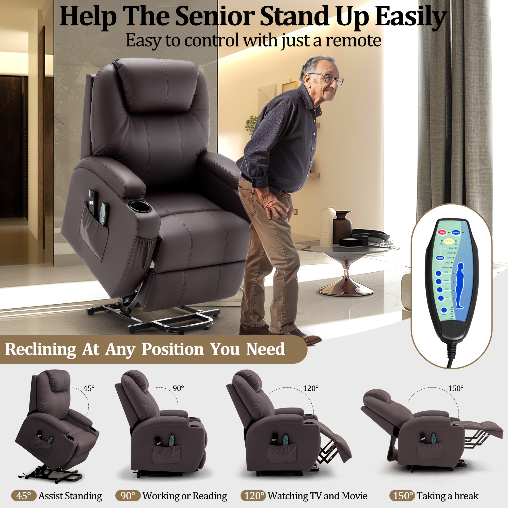 Faux Leather Power Lift Recliner Chair For Elderly And Adults, Electric Recliner With Massage And Heating, Recliner Chair With Remote Control And Cup Holder