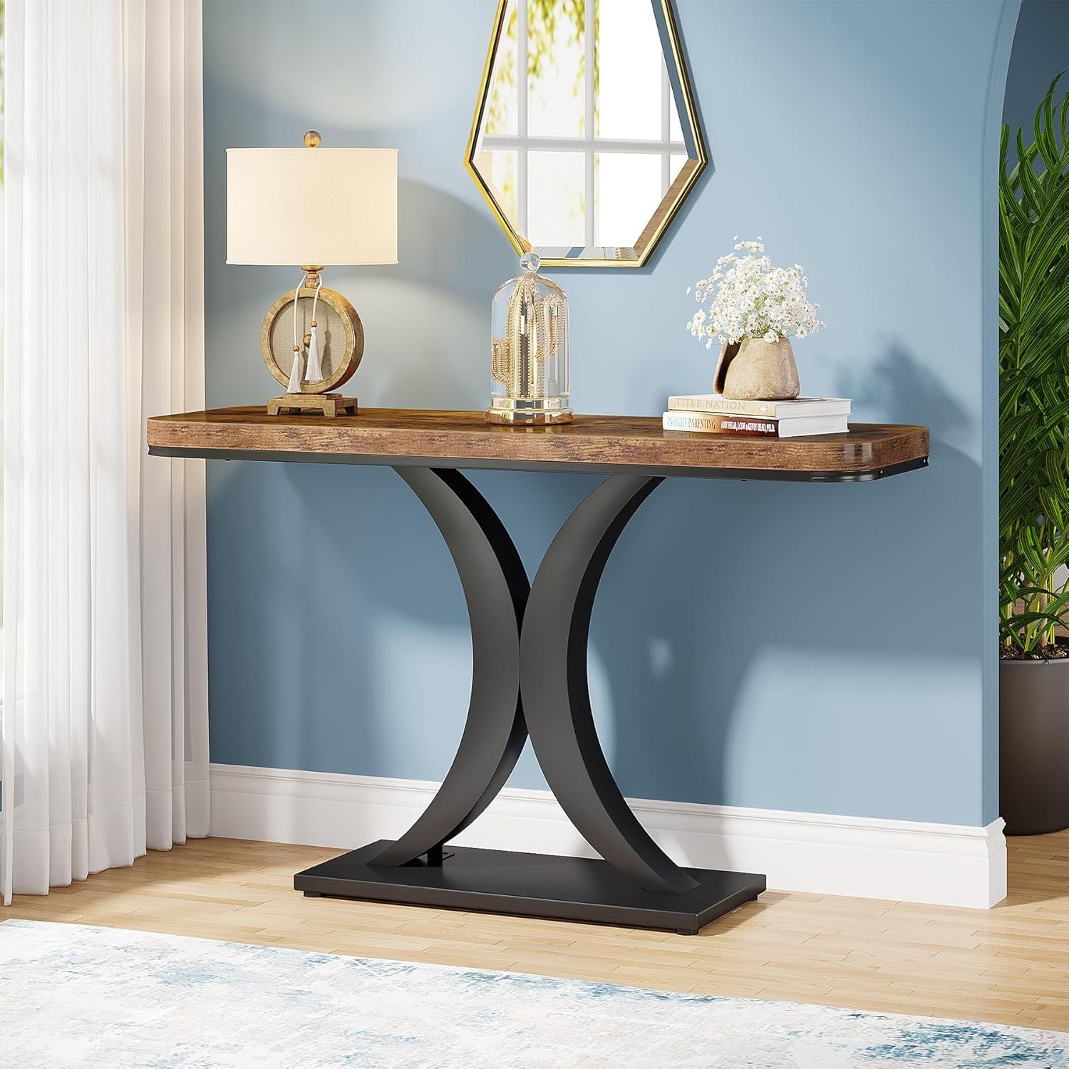 40" Slim Console Table - Rustic Two-Tone Design with Geometric Base, Waterproof MDF, Perfect for Entryway, Living Room, or Hallway Decor, Utility Hooks