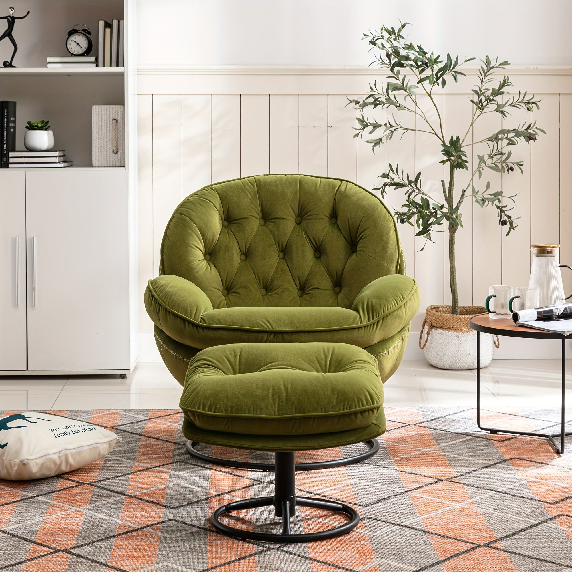 Luxurious Fruit Green Velvet Swivel Accent Chair & Ottoman Set - Modern Tufted Armchair with Footrest, 360° Swivel, Metal Frame, for Living Room or Bedroom Comfort, Bedroom Seating|Stylish Ottoman Set|Metal Frame Chair