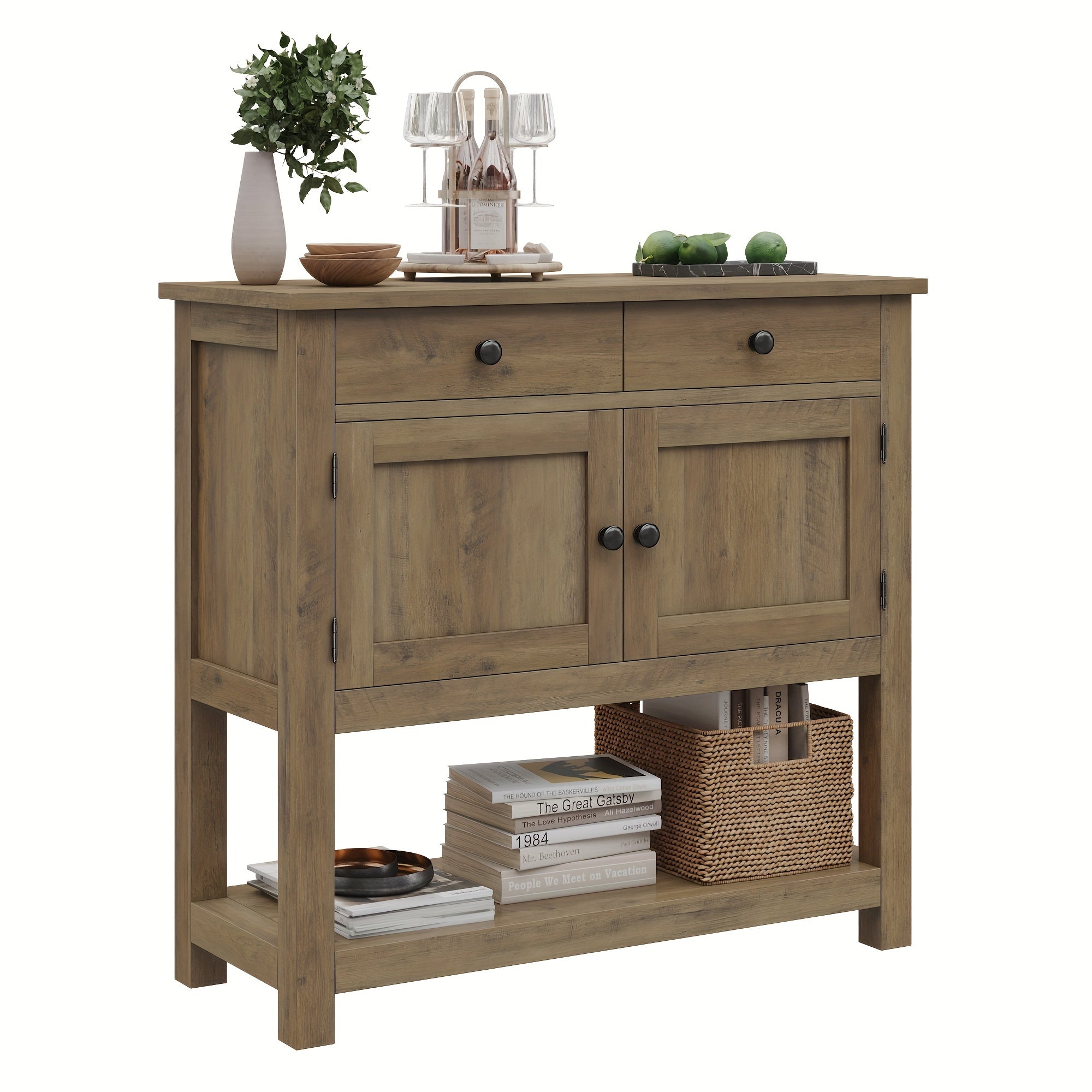 Farmhouse Console Table with 2-Door Cabinet & 2 Drawers, Coffee Bar, Entryway Table with Storage Shelf, Sofa Table Buffet Sideboard for Kitchen, Hallway, Entry Way, Dining, Living Room, Ash Gray, Rustic Brown, White +