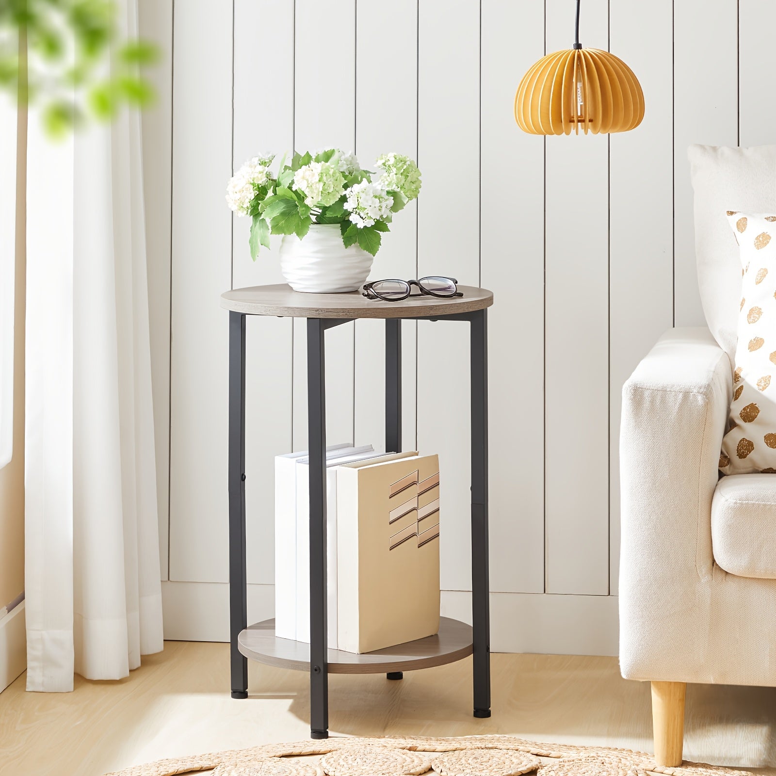 Rustic 2-Tier Round Side Table with Storage - Industrial Wood & Metal Frame, Perfect for Small Spaces, Living Room, Bedroom - Available in Rustic Brown and Greige, Accent Table, Sofa Couch Table, Stable