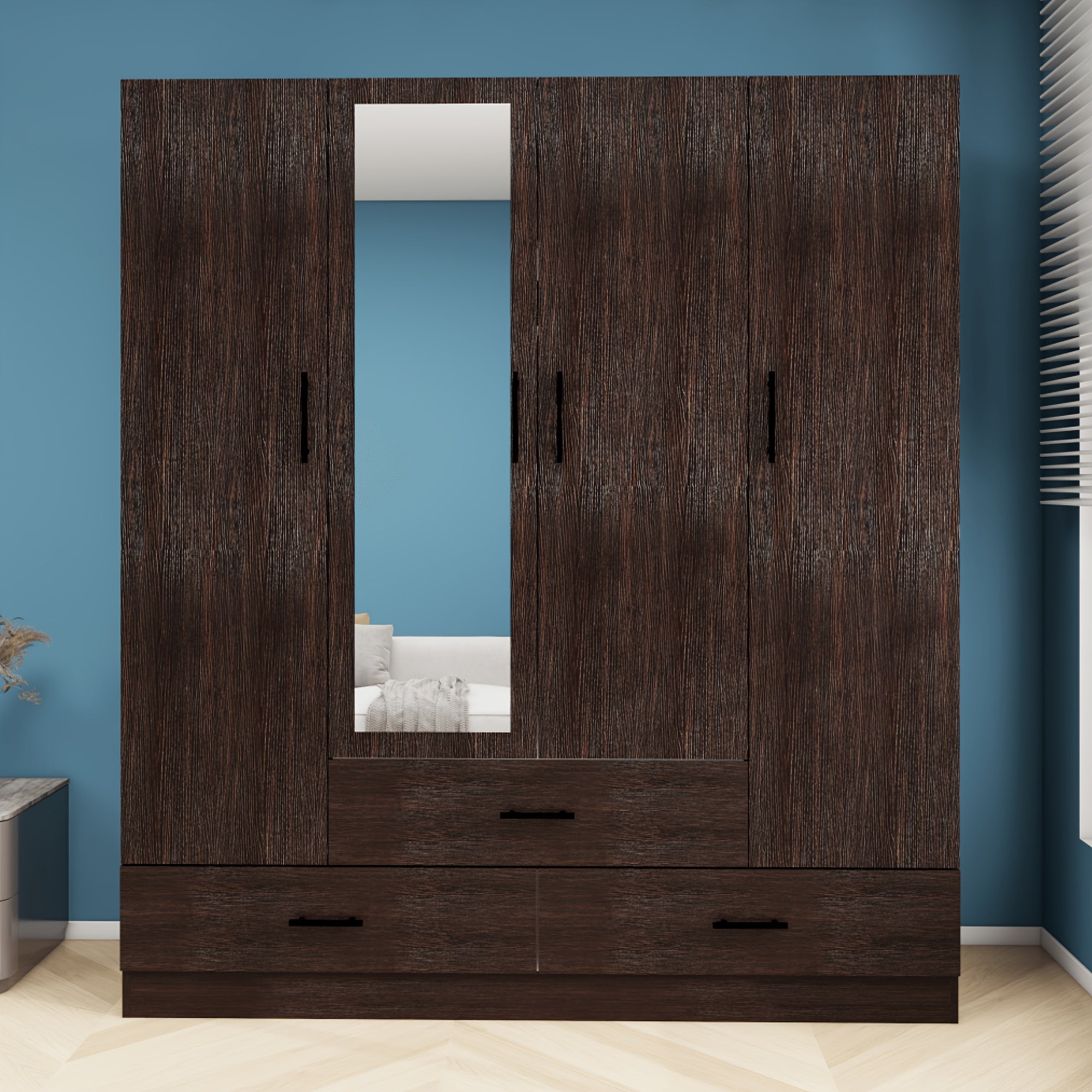 Wardrobe Closet With Doors- 4 Door Wood Wardrobe Bedroom Closet With Clothing Rod Inside Cabinet, 3 Drawers For Storage And Mirror, Bedroom Armoire Wardrobe Closet