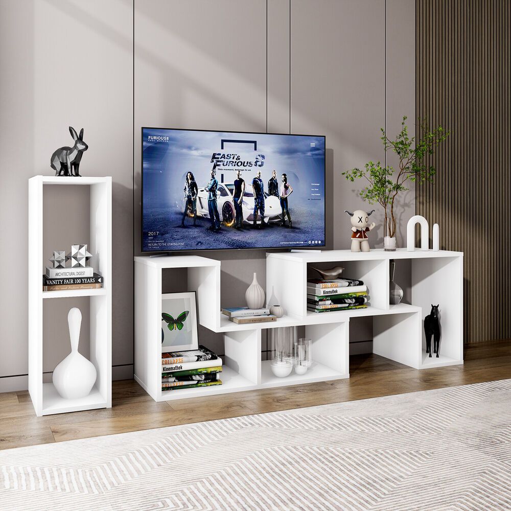 3pcs Modern Minimalist TV Stand for 50-65 Inch TVs, DIY Combination Entertainment Center, Open Storage Bookcase Shelf, Rectangle Shape, White, with No Battery Required for Living Room