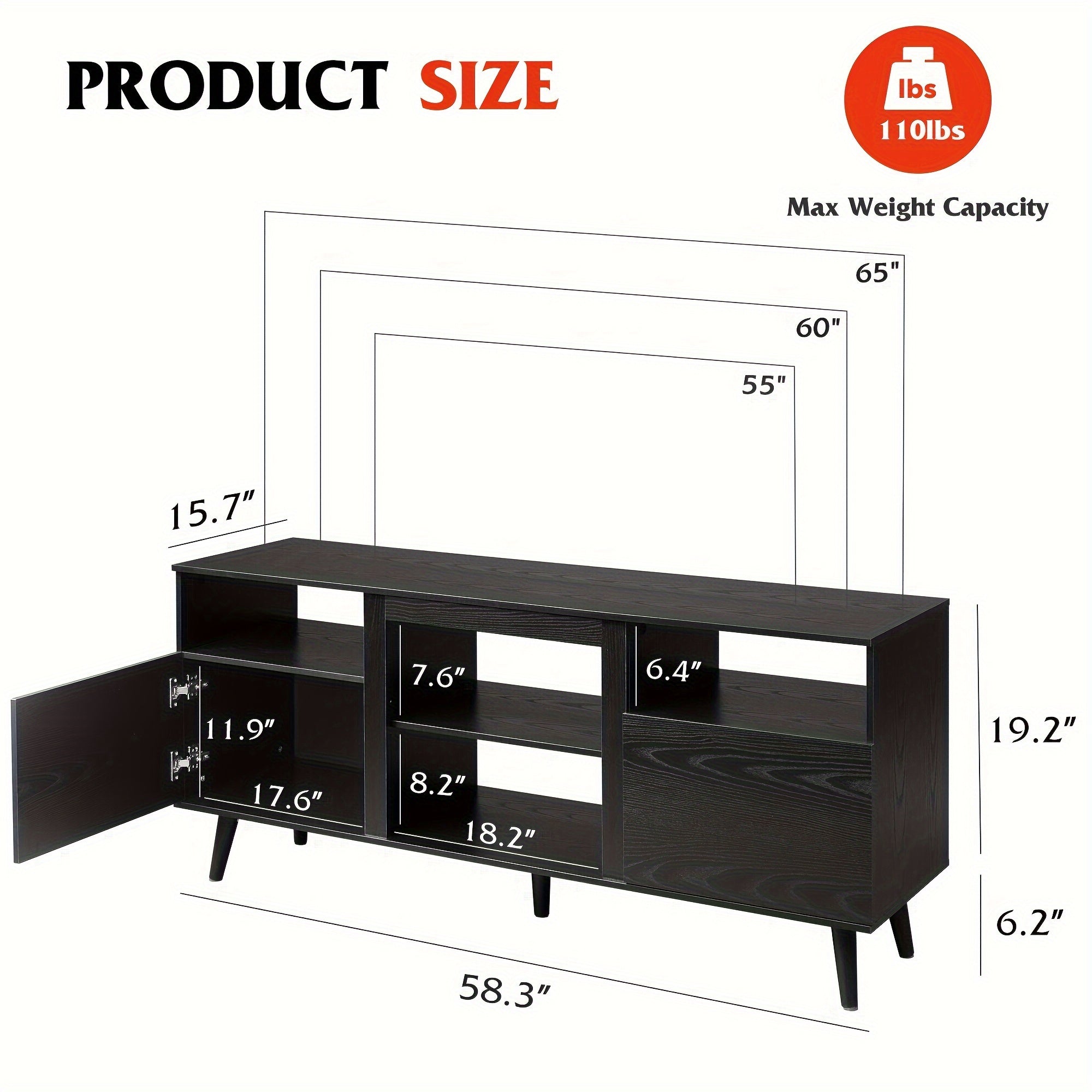 TV Stand for 65 Inch TV, 58 inch Entertainment Center with 2 Storage Cabinets, Media Console for Living Room, Bedroom and Office